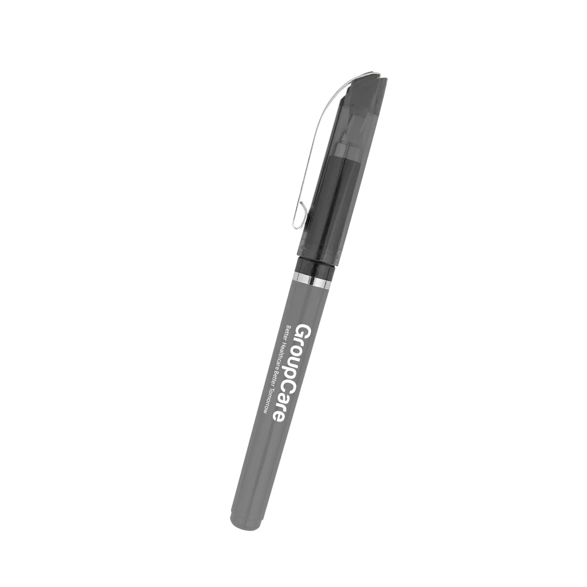 Blue pen with a clip running along the upper barrel