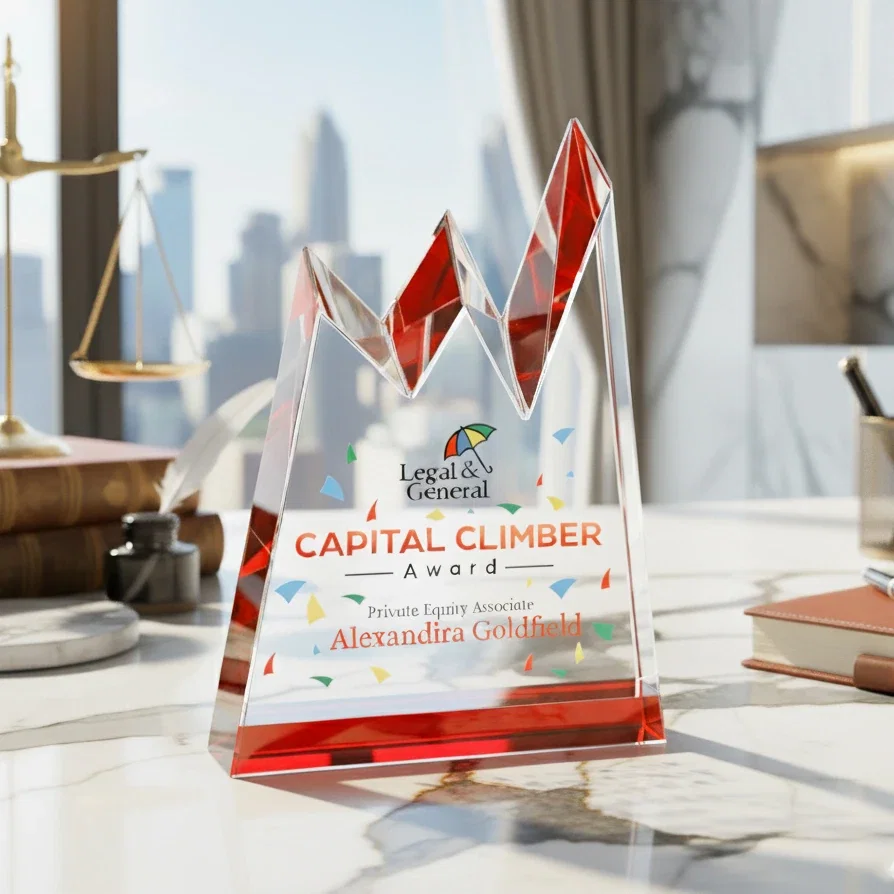 Branded Optical Crystal Award with Chiseled Jagged Mountain Peaks, awards for team milestone celebrations