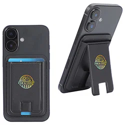 Alpine Flip-Stand custom branded phone wallet holding three cards on a phone