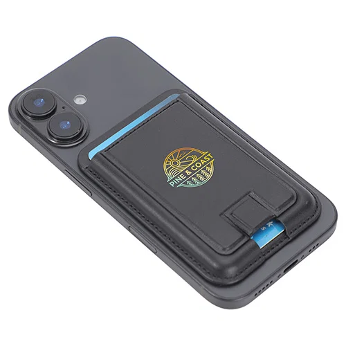 Close-up of the Alpine branded flip-stand phone wallet imprint area