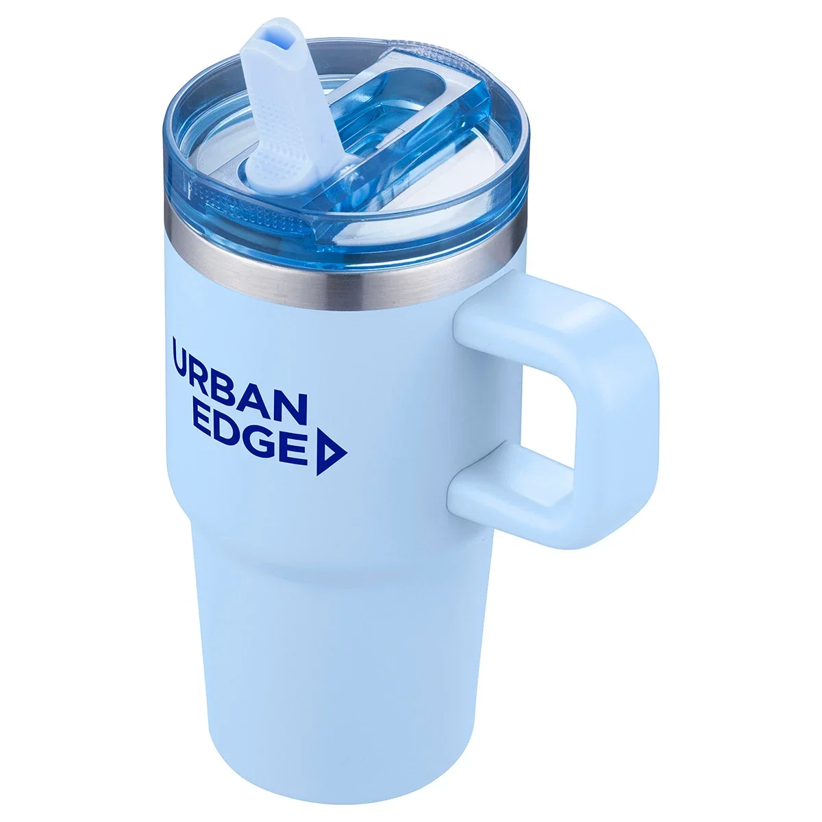 Alta Straw Mug shown from above, branded mug detail shot