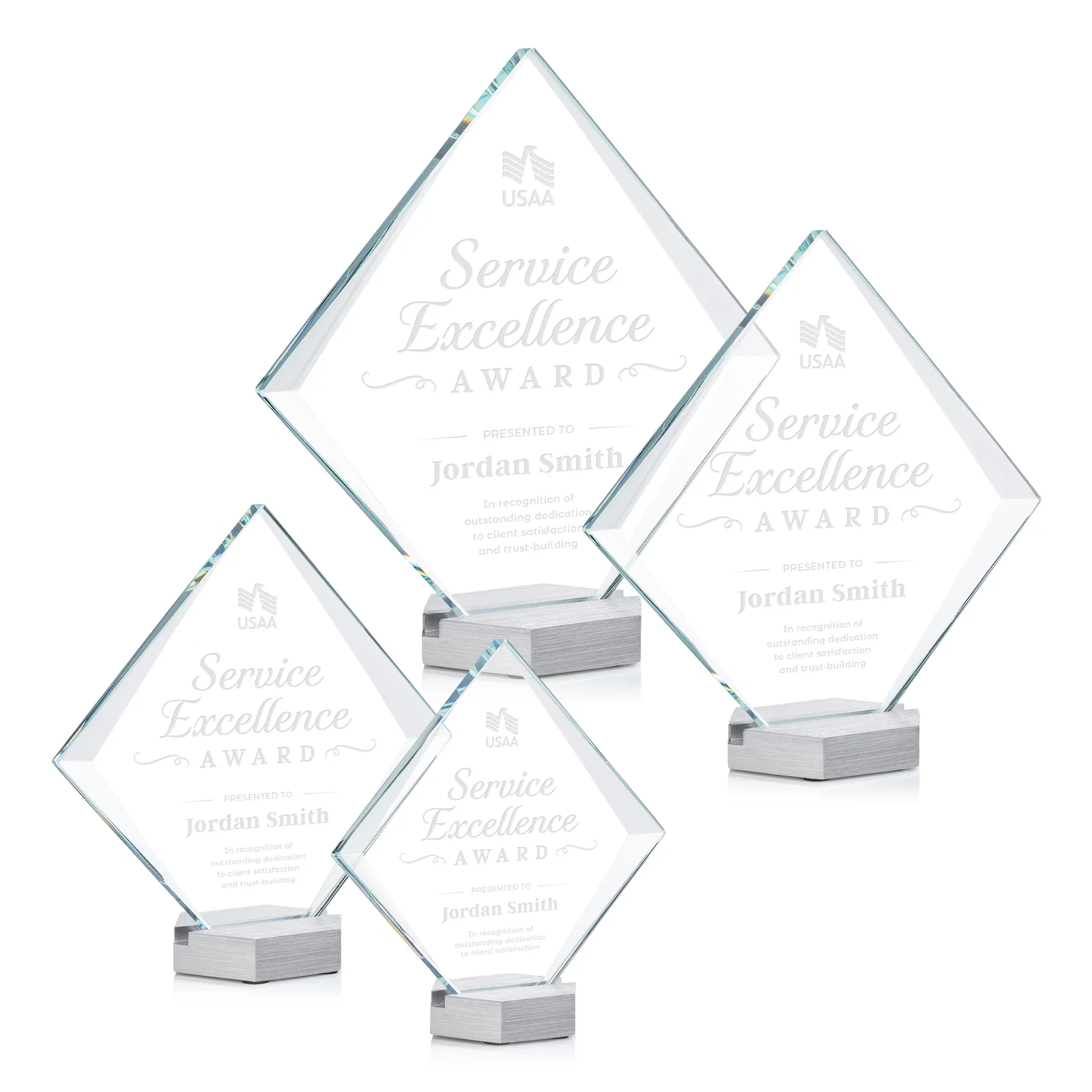 Custom Starfire Crystal Diamond Award Tilted on Aluminum Base for employee recognition