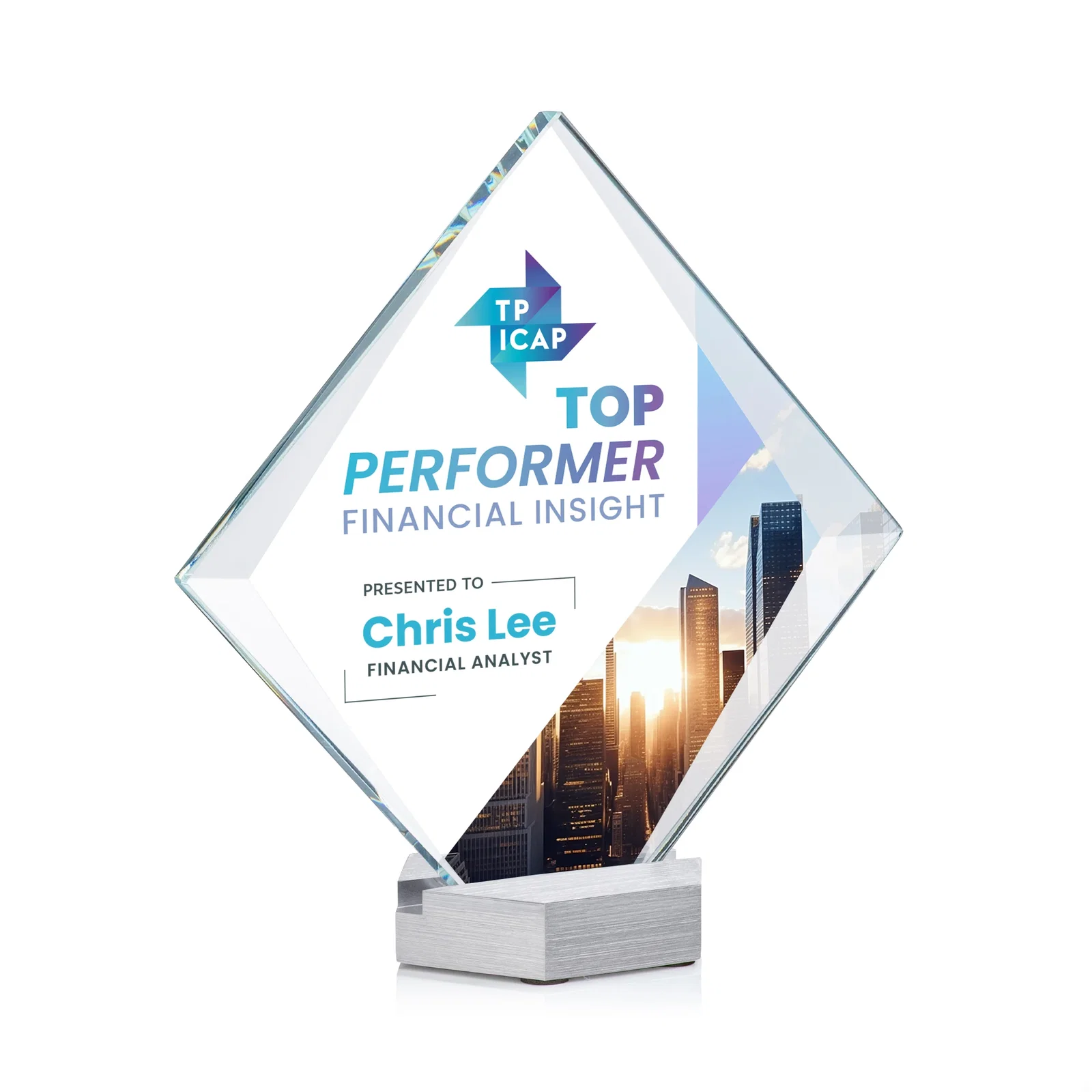 Custom Starfire Crystal Diamond Award Tilted on Aluminum Base for volunteer appreciation