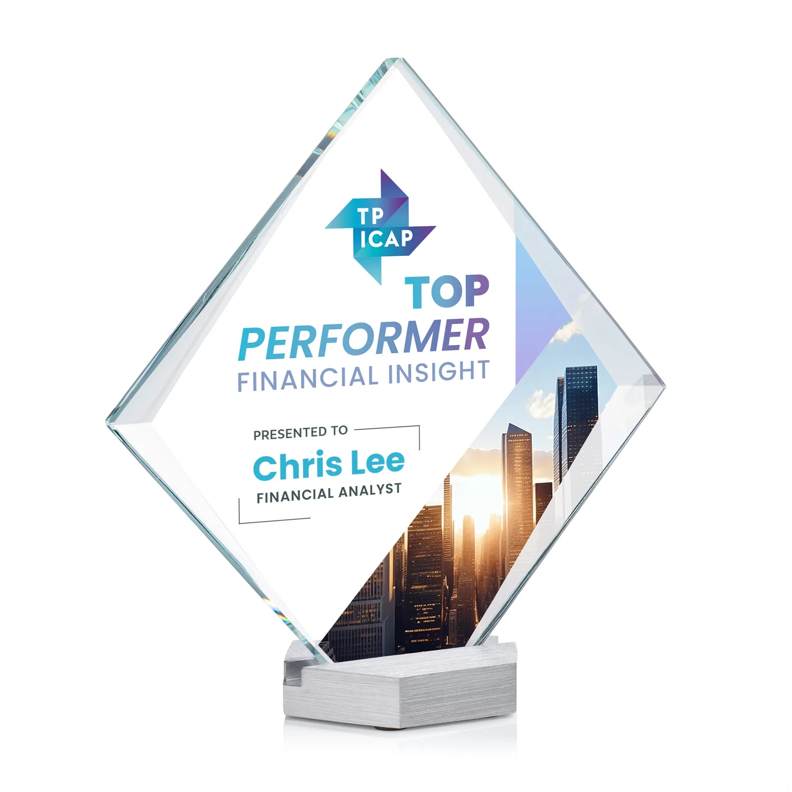 Custom Starfire Crystal Diamond Award Tilted on Aluminum Base for dealer and partner awards