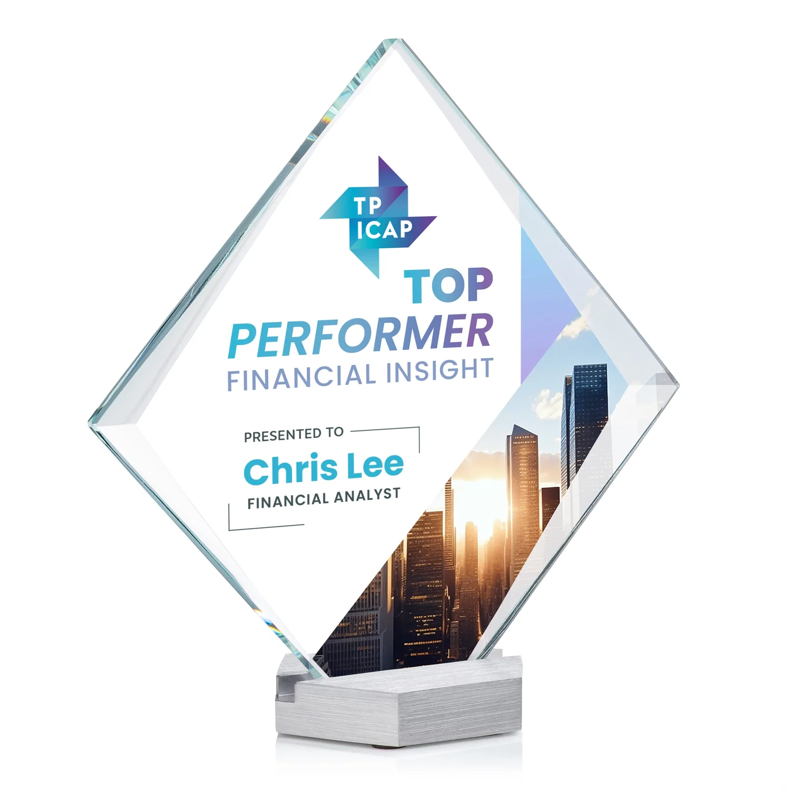 Custom Starfire Crystal Diamond Award Tilted on Aluminum Base for company anniversary events