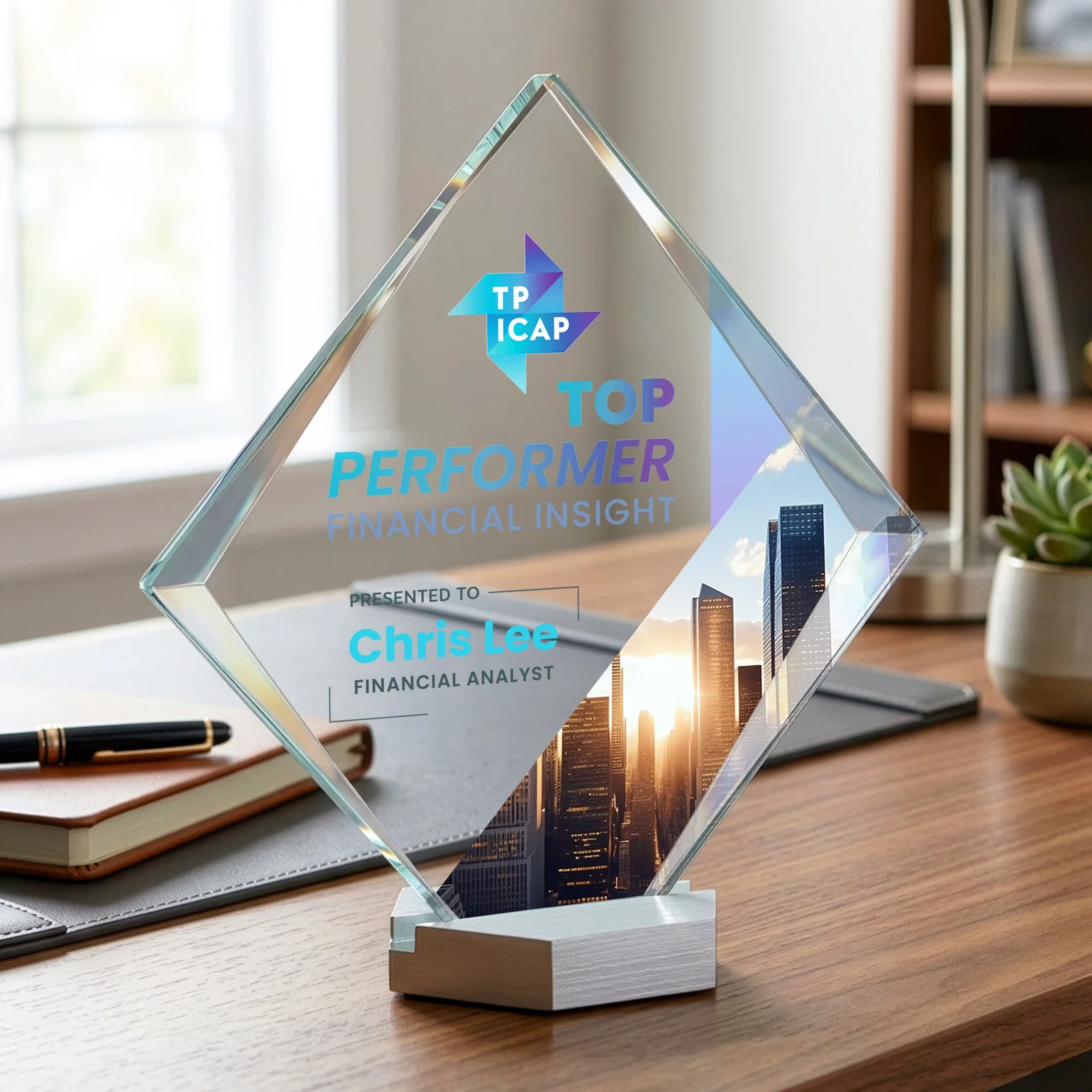 Personalized Starfire Crystal Diamond Award Tilted on Aluminum Base for employee recognition