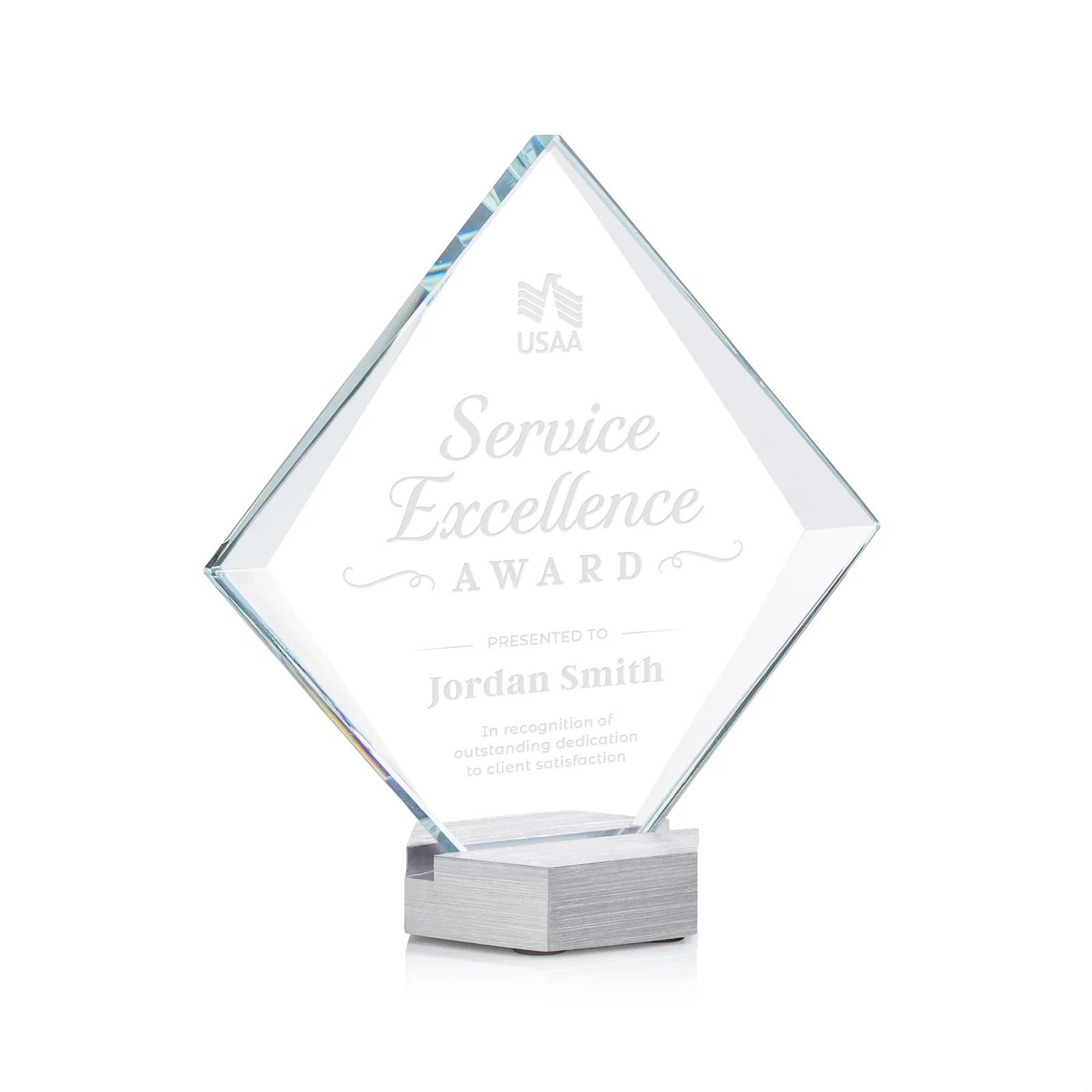 Custom Starfire Crystal Diamond Award Tilted on Aluminum Base for corporate award ceremonies