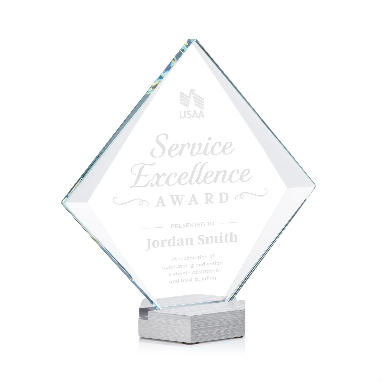 Custom Starfire Crystal Diamond Award Tilted on Aluminum Base for service anniversary gifts