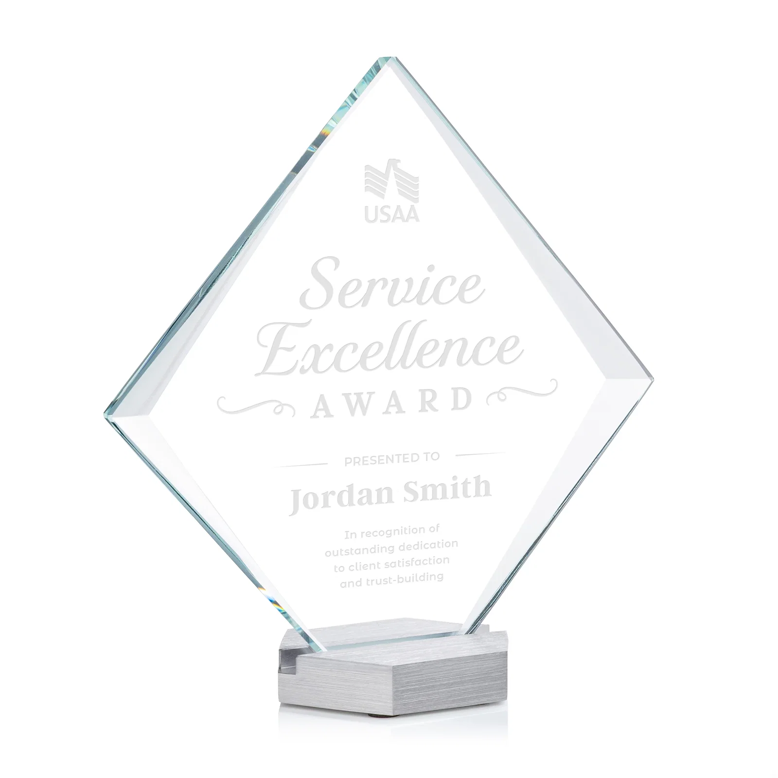 Custom Starfire Crystal Diamond Award Tilted on Aluminum Base for sales achievement awards