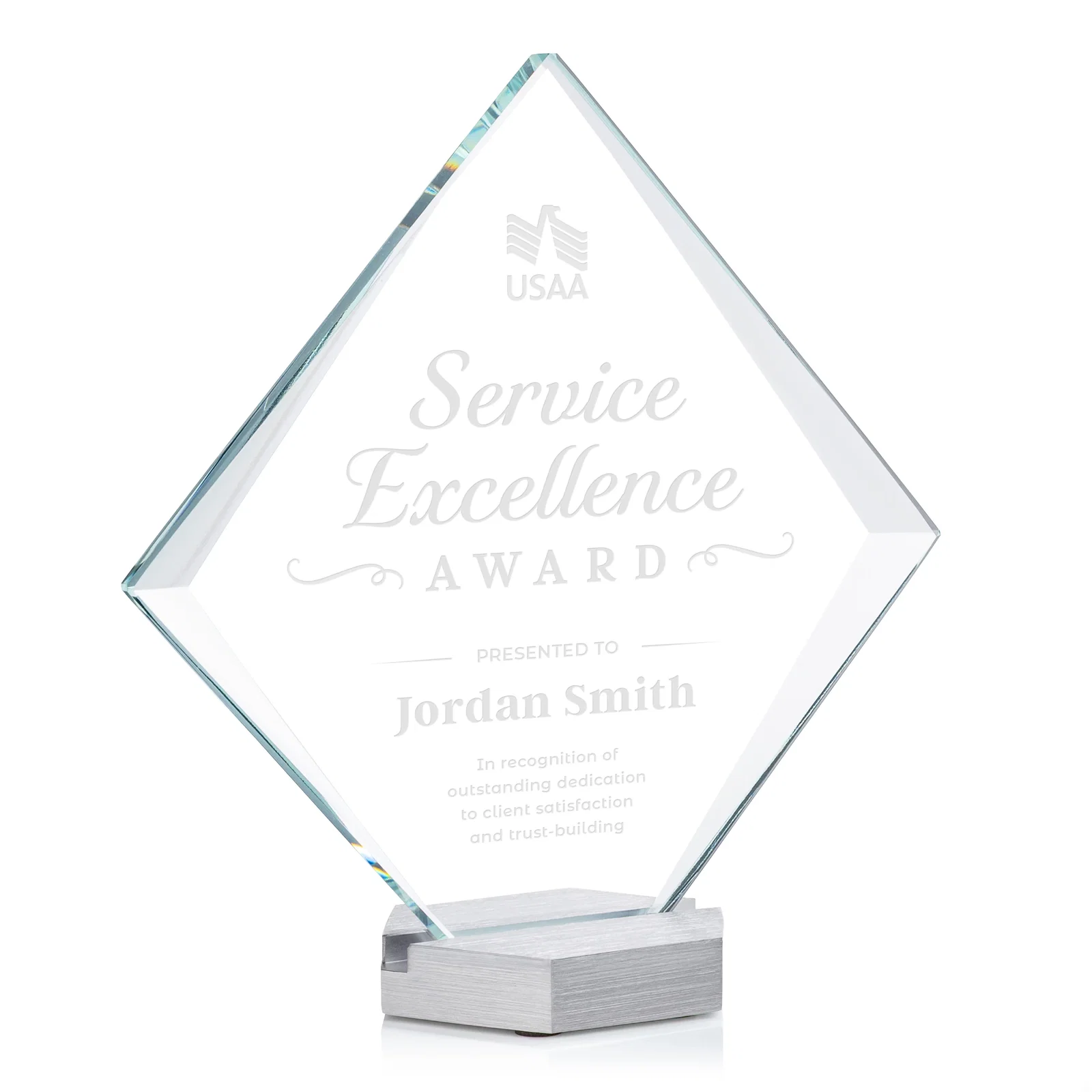 Custom Starfire Crystal Diamond Award Tilted on Aluminum Base for retirement presentations
