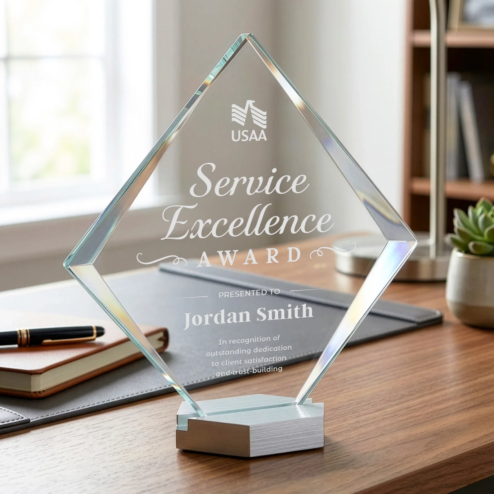 Custom Starfire Crystal Diamond Award Tilted on Aluminum Base for donor appreciation