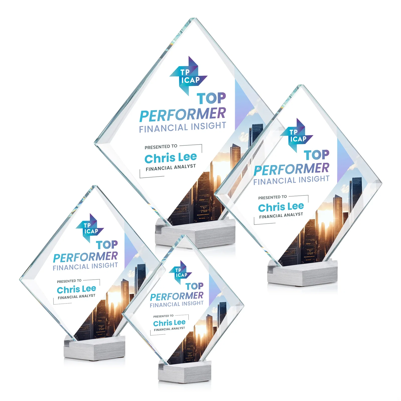 Custom Starfire Crystal Diamond Award Tilted on Aluminum Base for graduation ceremonies