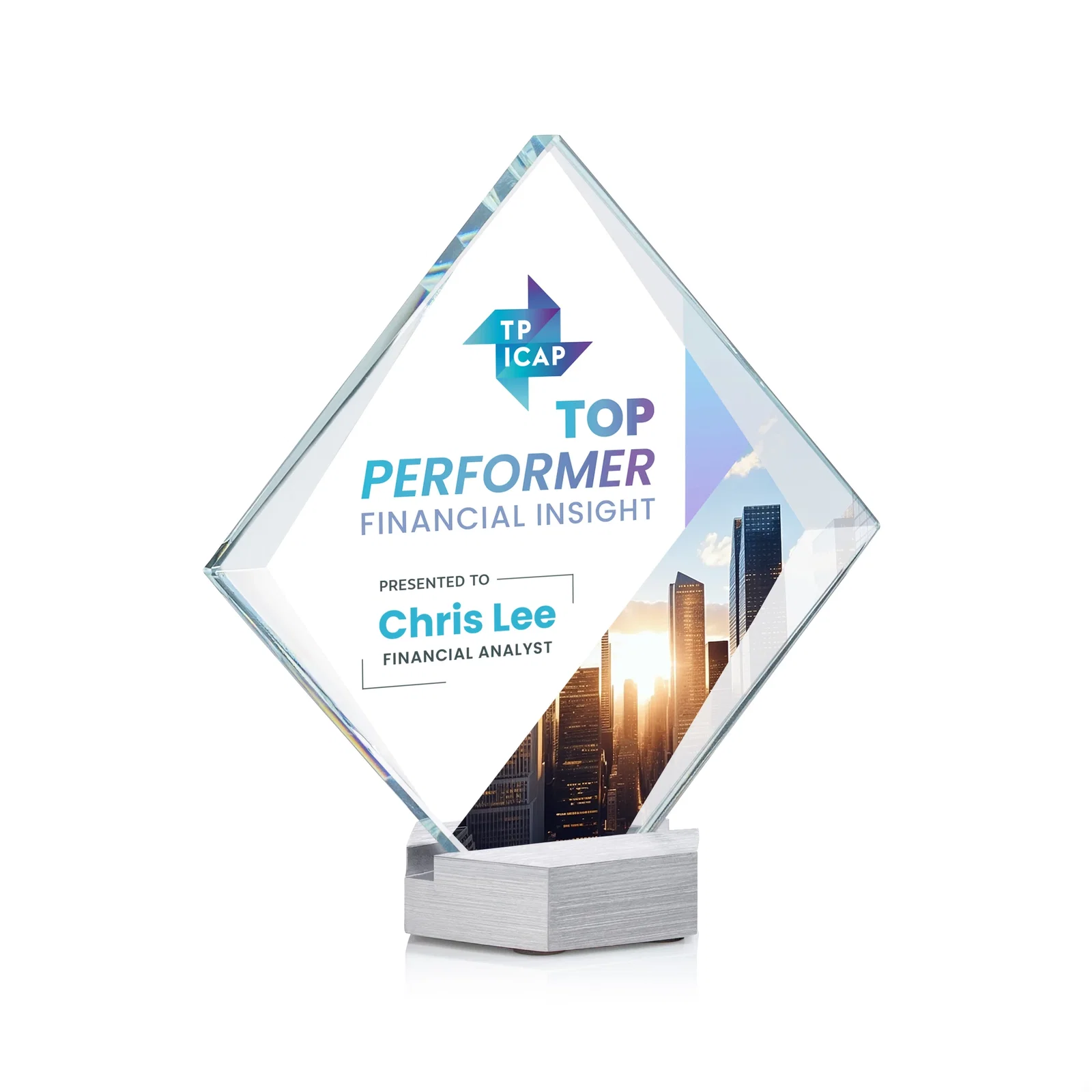 Custom Starfire Crystal Diamond Award Tilted on Aluminum Base for safety achievement programs