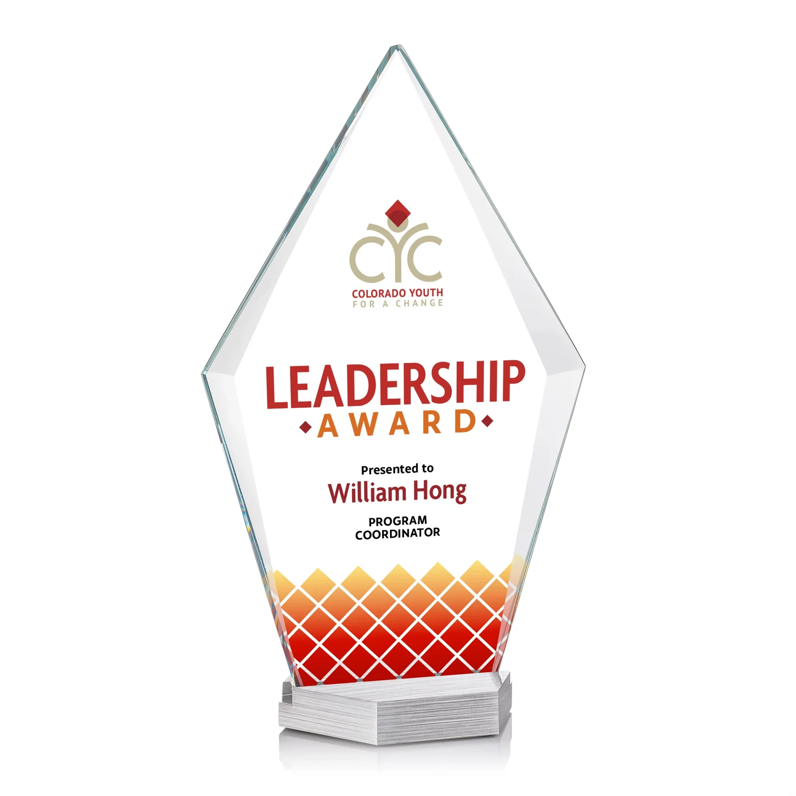 Custom Starfire Crystal and Aluminum Diamond Award with Large Decoration Area for volunteer appreciation