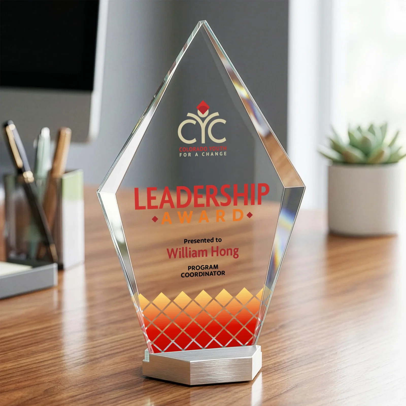 Custom Starfire Crystal and Aluminum Diamond Award with Large Decoration Area for dealer and partner awards