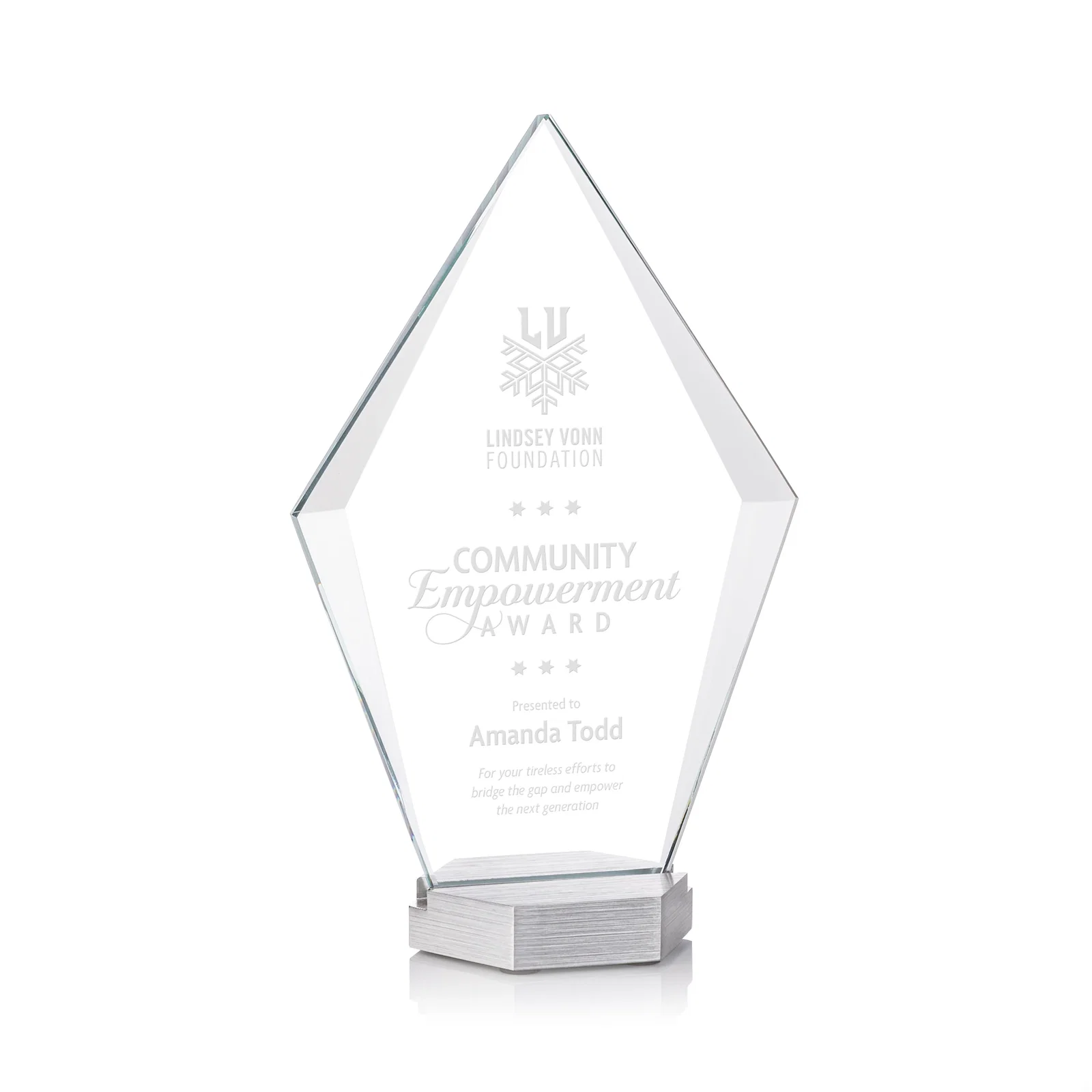 Custom Starfire Crystal and Aluminum Diamond Award with Large Decoration Area for corporate award ceremonies