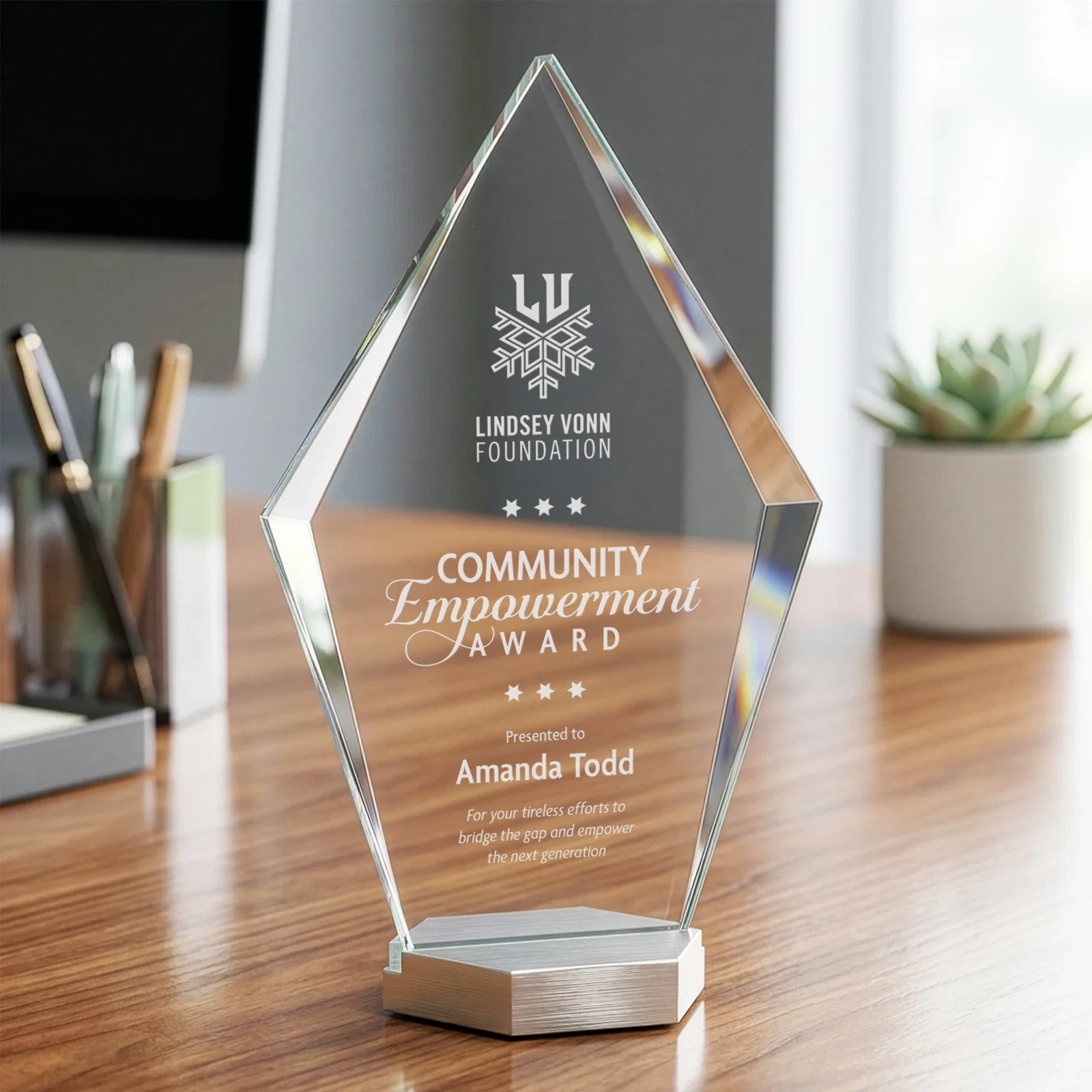 Custom Starfire Crystal and Aluminum Diamond Award with Large Decoration Area for team milestone celebrations