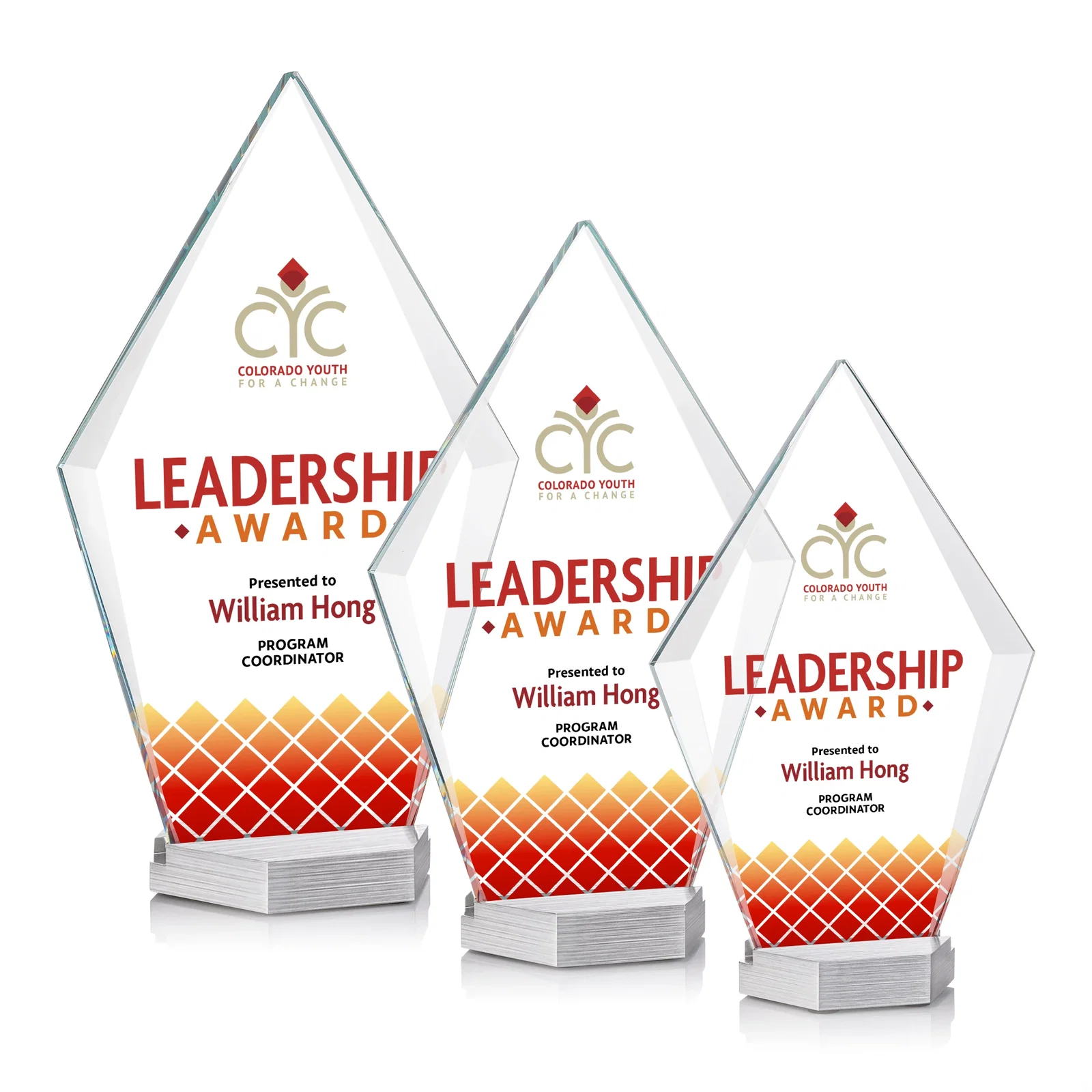 Custom Starfire Crystal and Aluminum Diamond Award with Large Decoration Area for donor appreciation