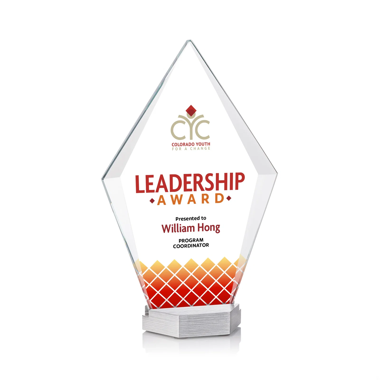 Custom Starfire Crystal and Aluminum Diamond Award with Large Decoration Area for graduation ceremonies