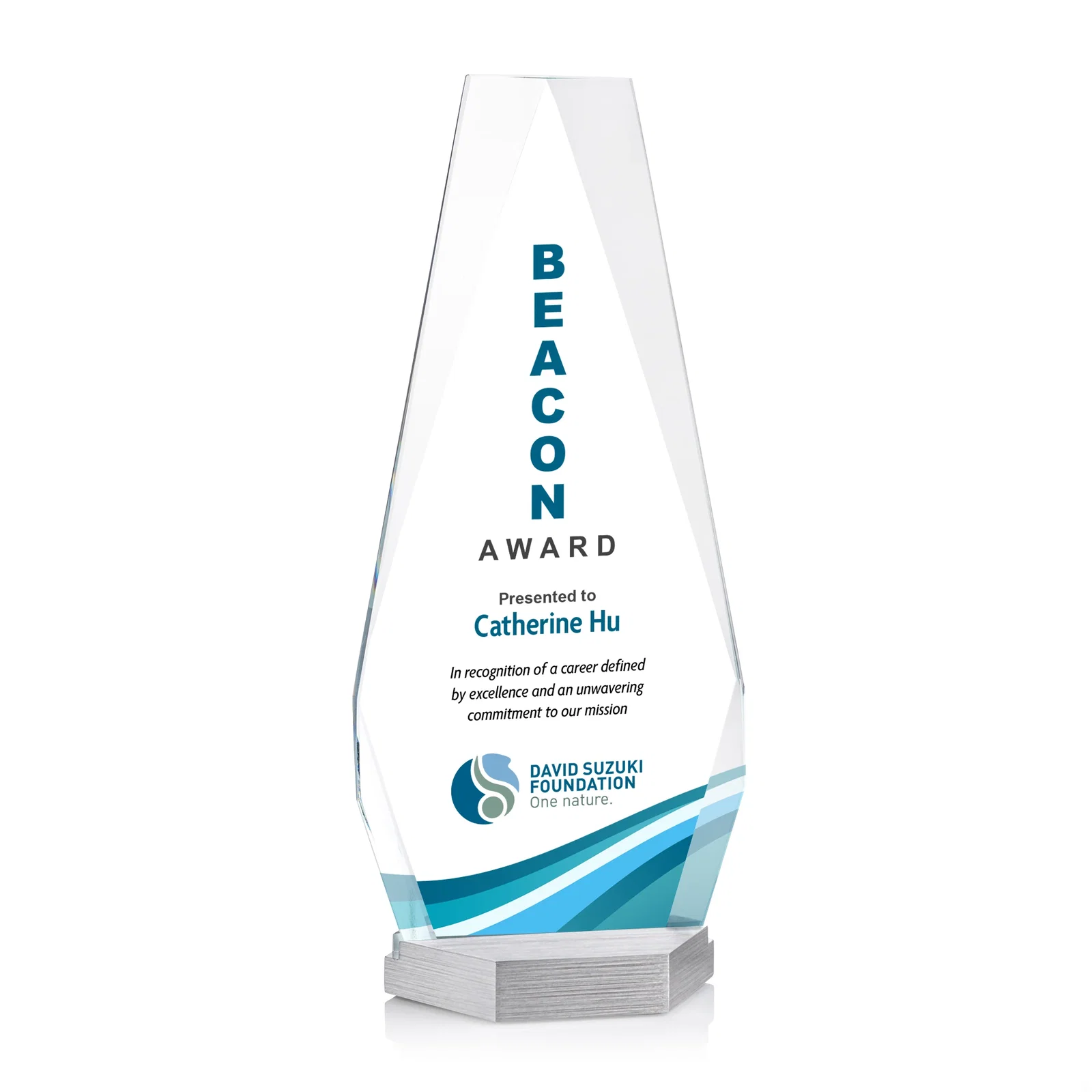 Custom Starfire Crystal Award with Precision-Cut Facets on Aluminum Base, metal awards for volunteer appreciation