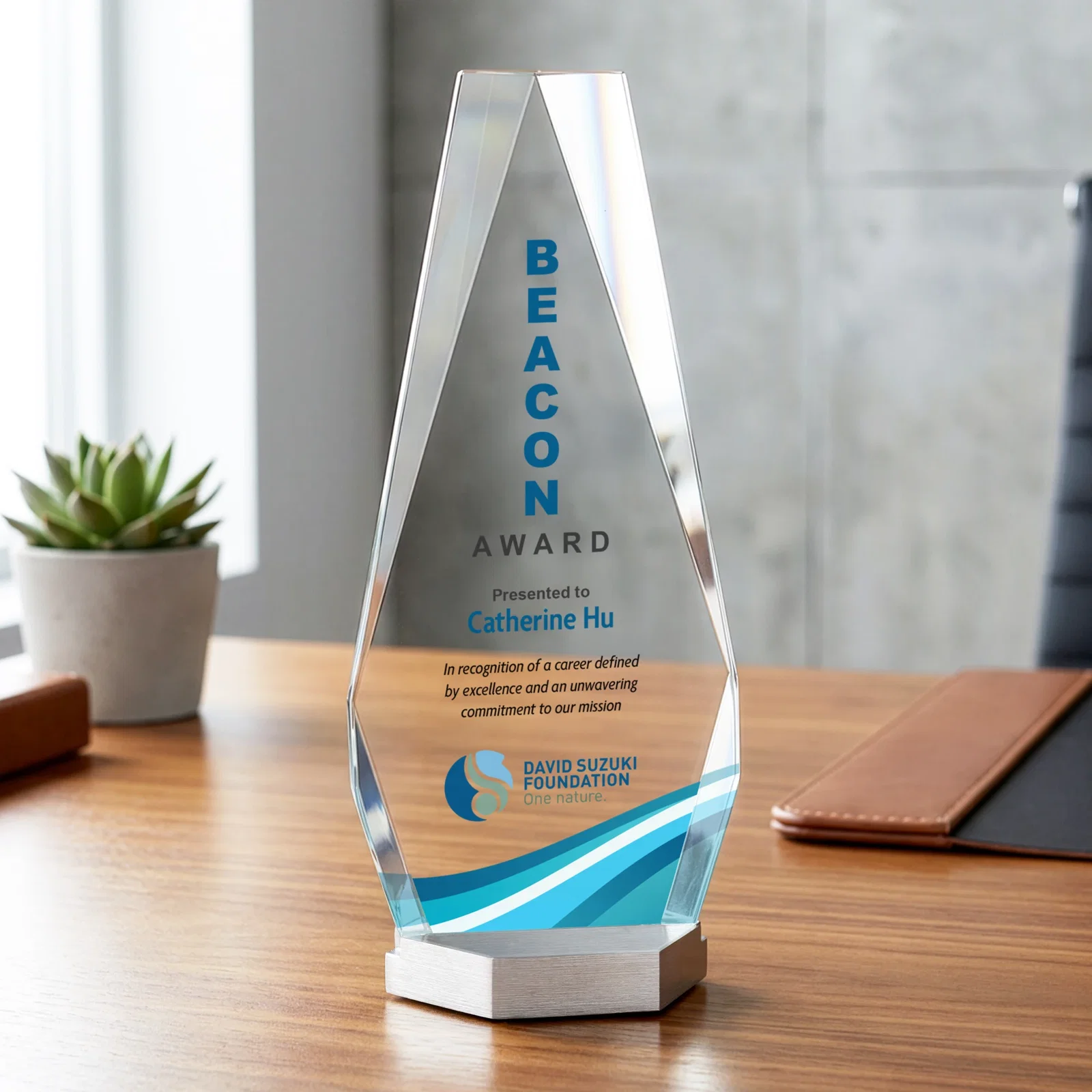 Custom Starfire Crystal Award with Precision-Cut Facets on Aluminum Base, metal awards for dealer and partner awards