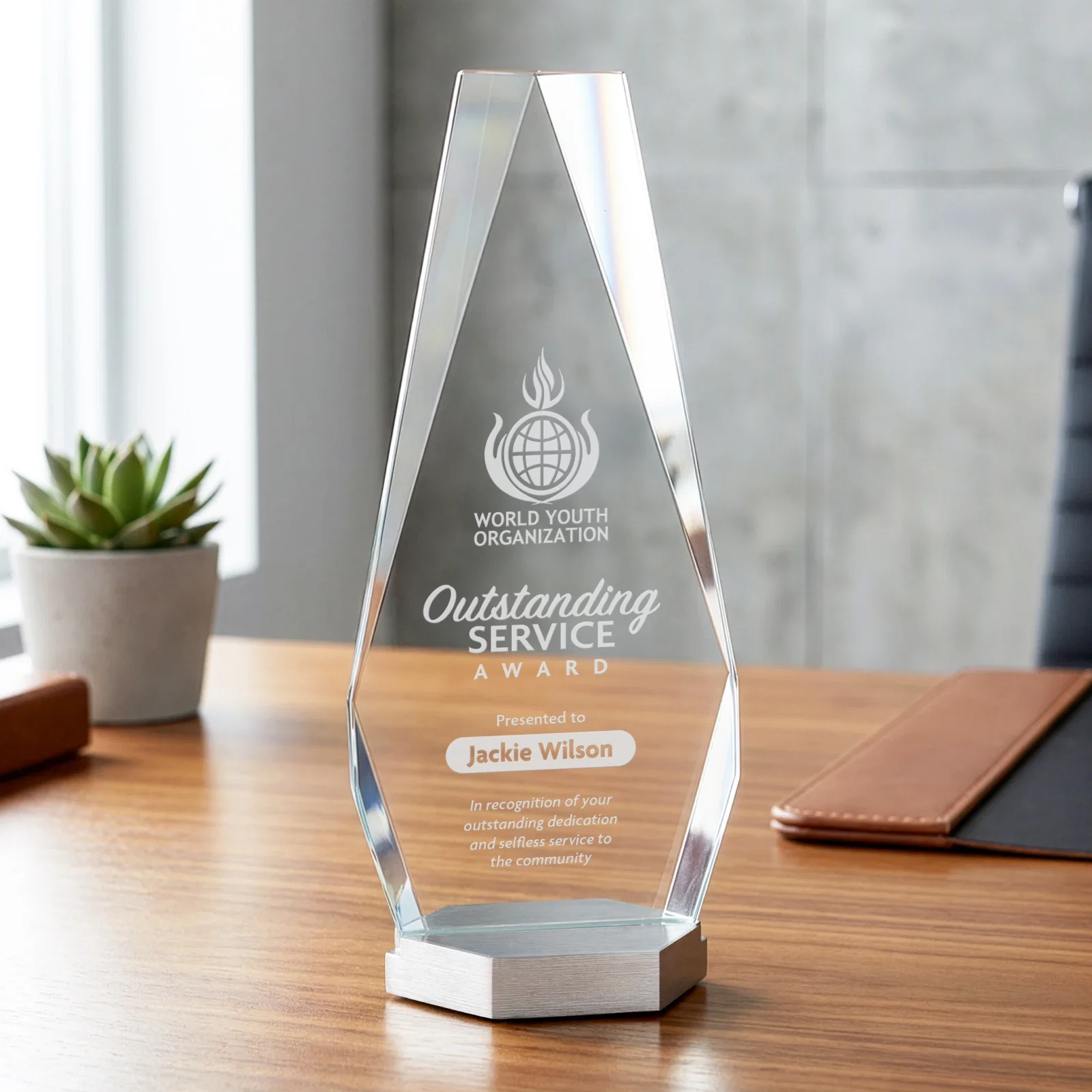 Custom Starfire Crystal Award with Precision-Cut Facets on Aluminum Base, metal awards for team milestone celebrations
