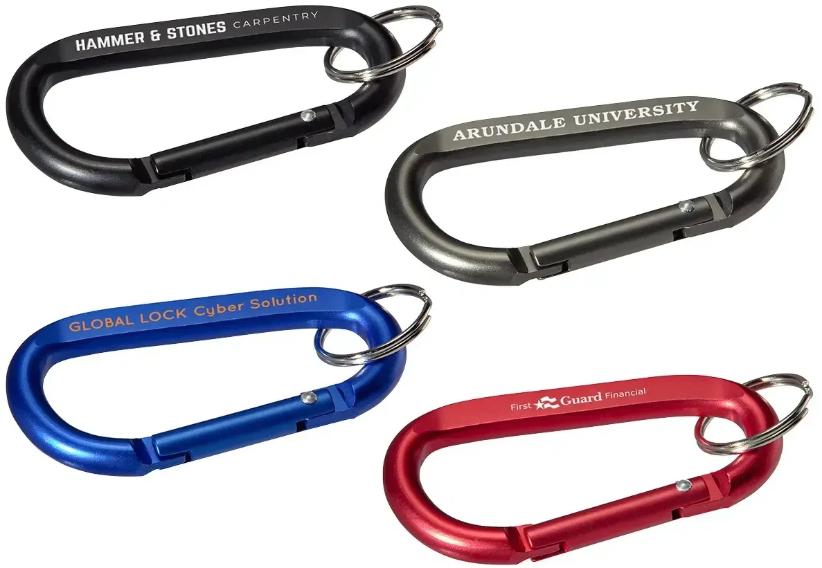 Custom branded aluminum carabiner with key ring, front view of the promotional clip carabiner with logo area