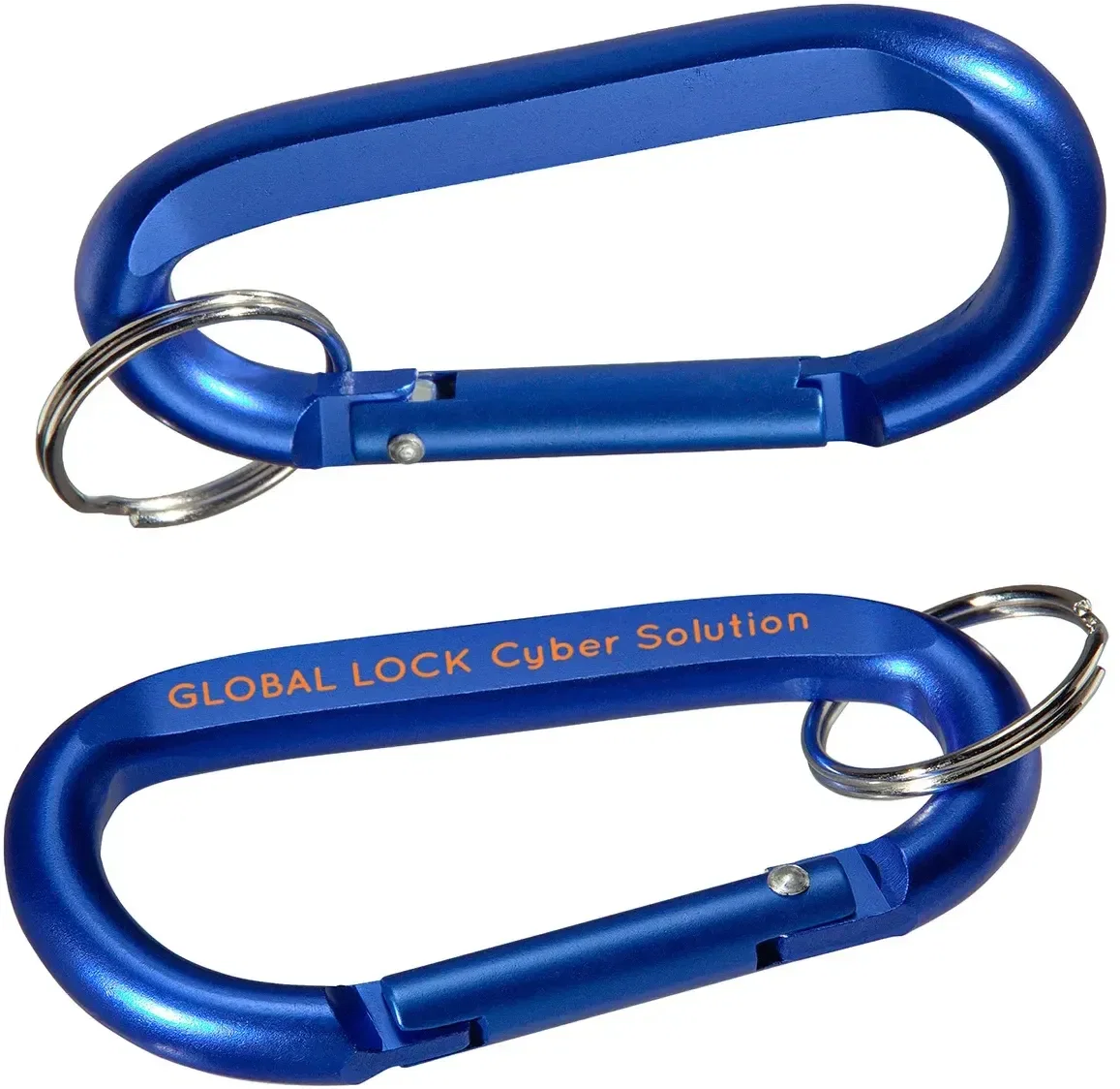 Angled view of the branded aluminum carabiner and key ring, custom promotional clip for bags and gear