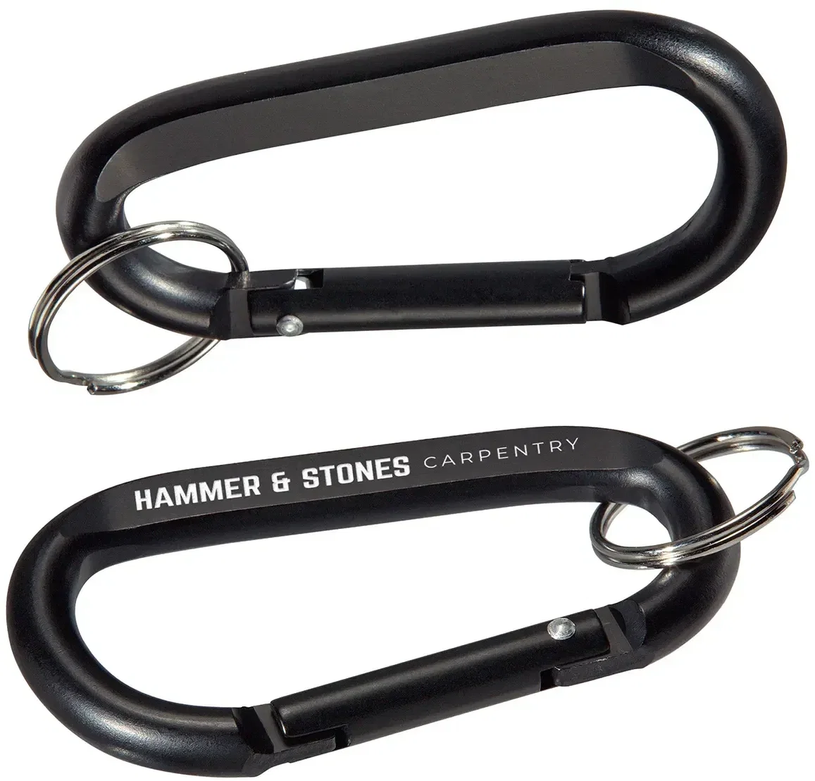 Close-up of the promotional aluminum carabiner gate and key ring, custom branded carabiner detail