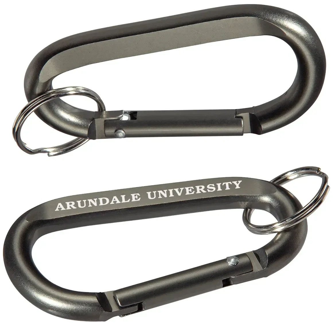Side profile of the custom aluminum carabiner with key ring, branded promotional lightweight clip
