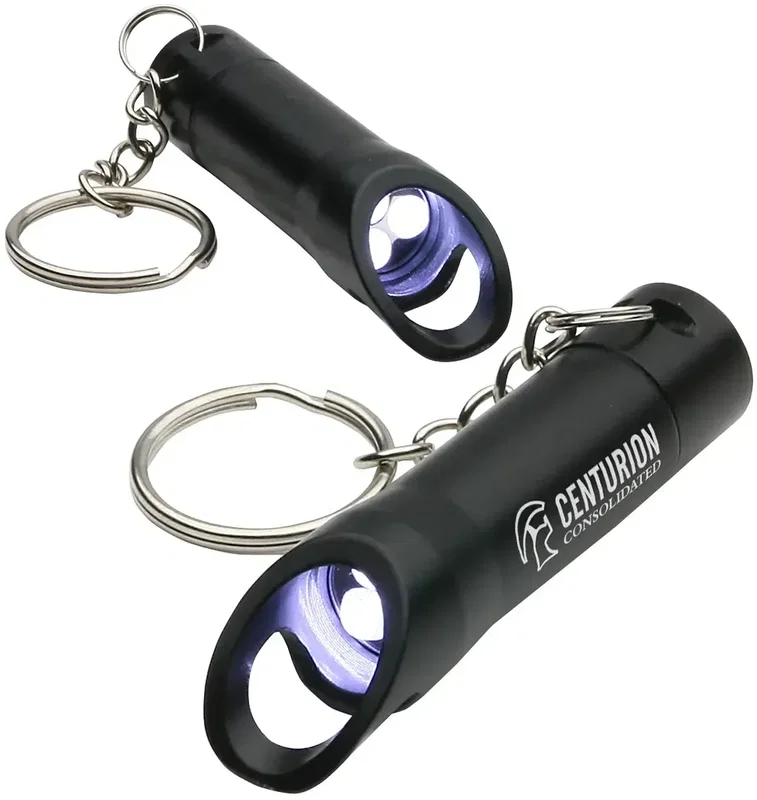 Branded 3-LED keychain light and opener on a key ring, custom everyday-carry giveaway
