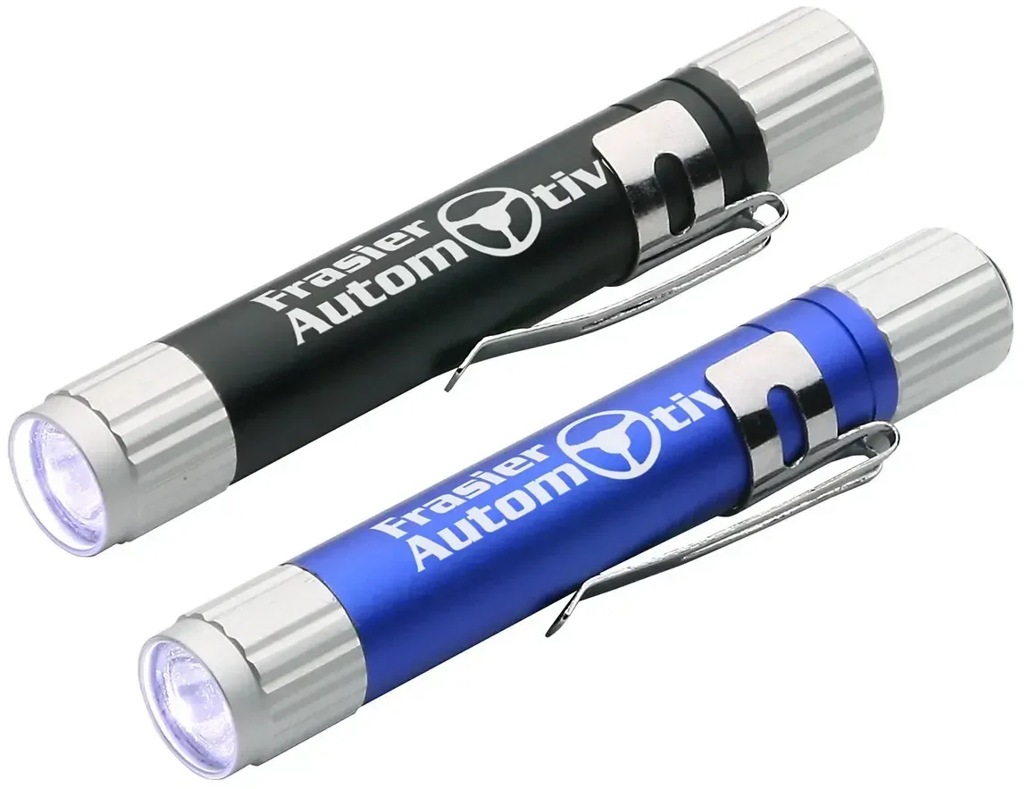 Custom branded aluminum LED penlight front view with logo area
