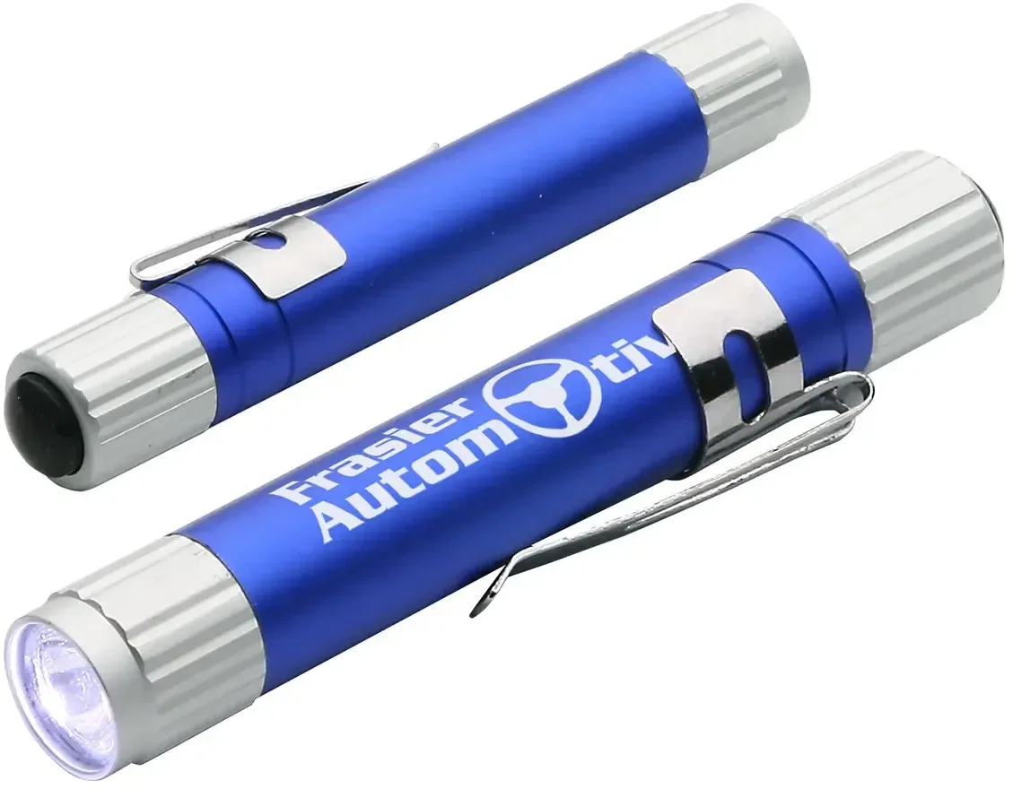 Close-up of branded aluminum penlight pocket clip and tip switch