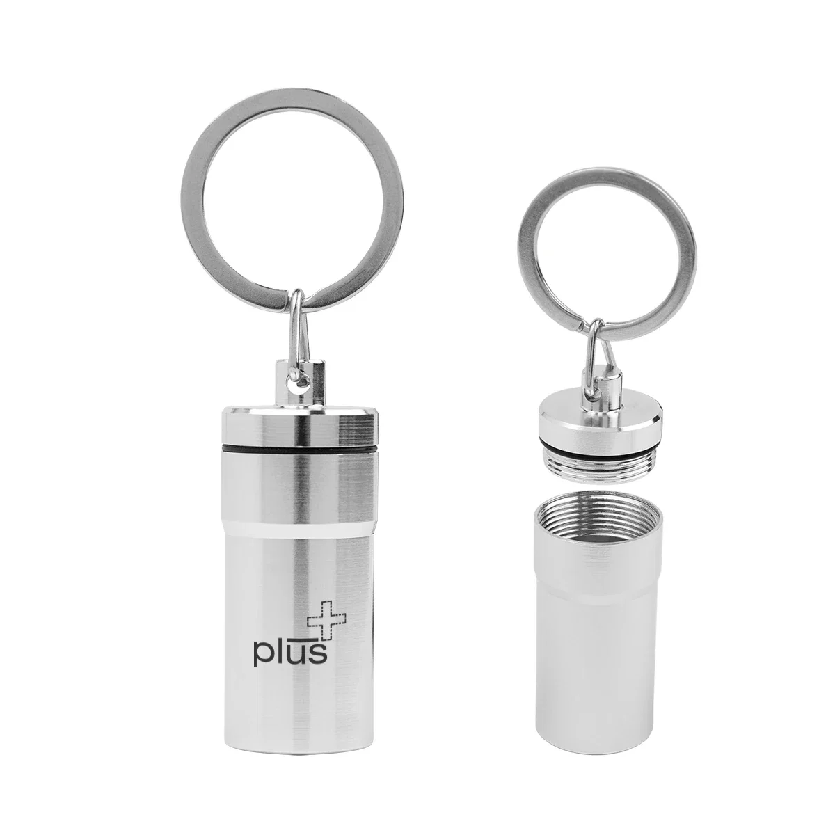Metallic black version of the compact pill case on a key ring