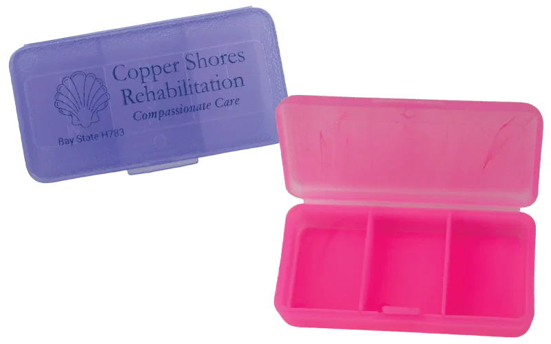 AM-Noon-Night 3-Compartment Pill Box. 3-compartment pill box with translucent shells for senior living medication sorting