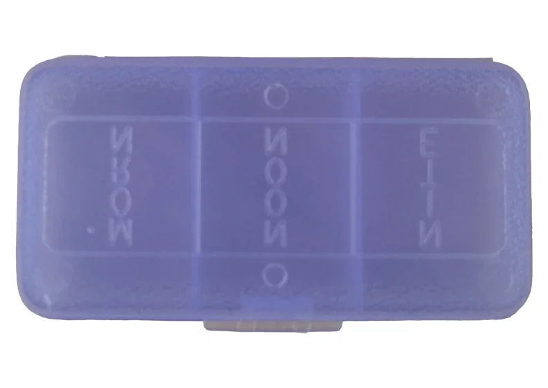 AM-Noon-Night 3-Compartment Pill Box. 3-compartment pill box with translucent shells for senior living medication sorting, vi