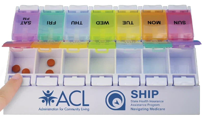 AM/PM Snap-Lid Weekly Pill Tray. AM/PM weekly pill tray with seven day boxes for pharmacy medication adherence