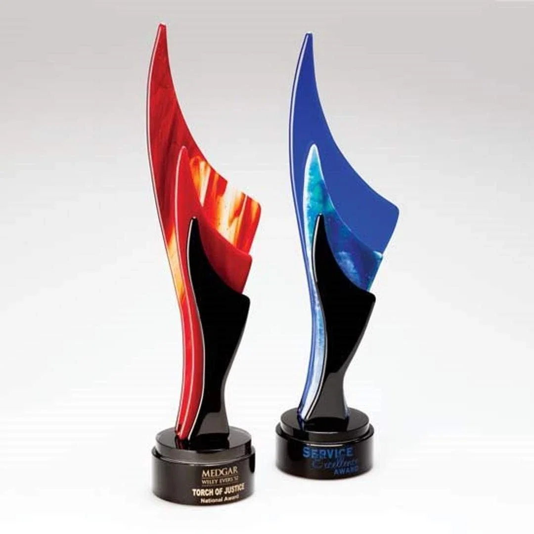 Custom Glass Flame Award With Crystal-Spaced Crimson or Cobalt Layers for employee recognition