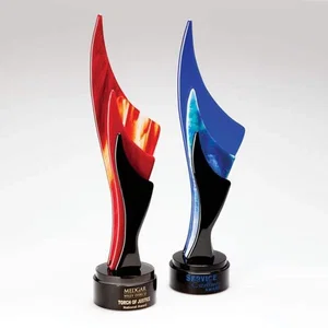 Glass Flame Award With Crystal-Spaced Crimson or Cobalt Layers