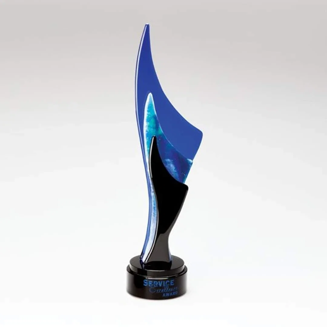 Custom Glass Flame Award With Crystal-Spaced Crimson or Cobalt Layers for corporate award ceremonies