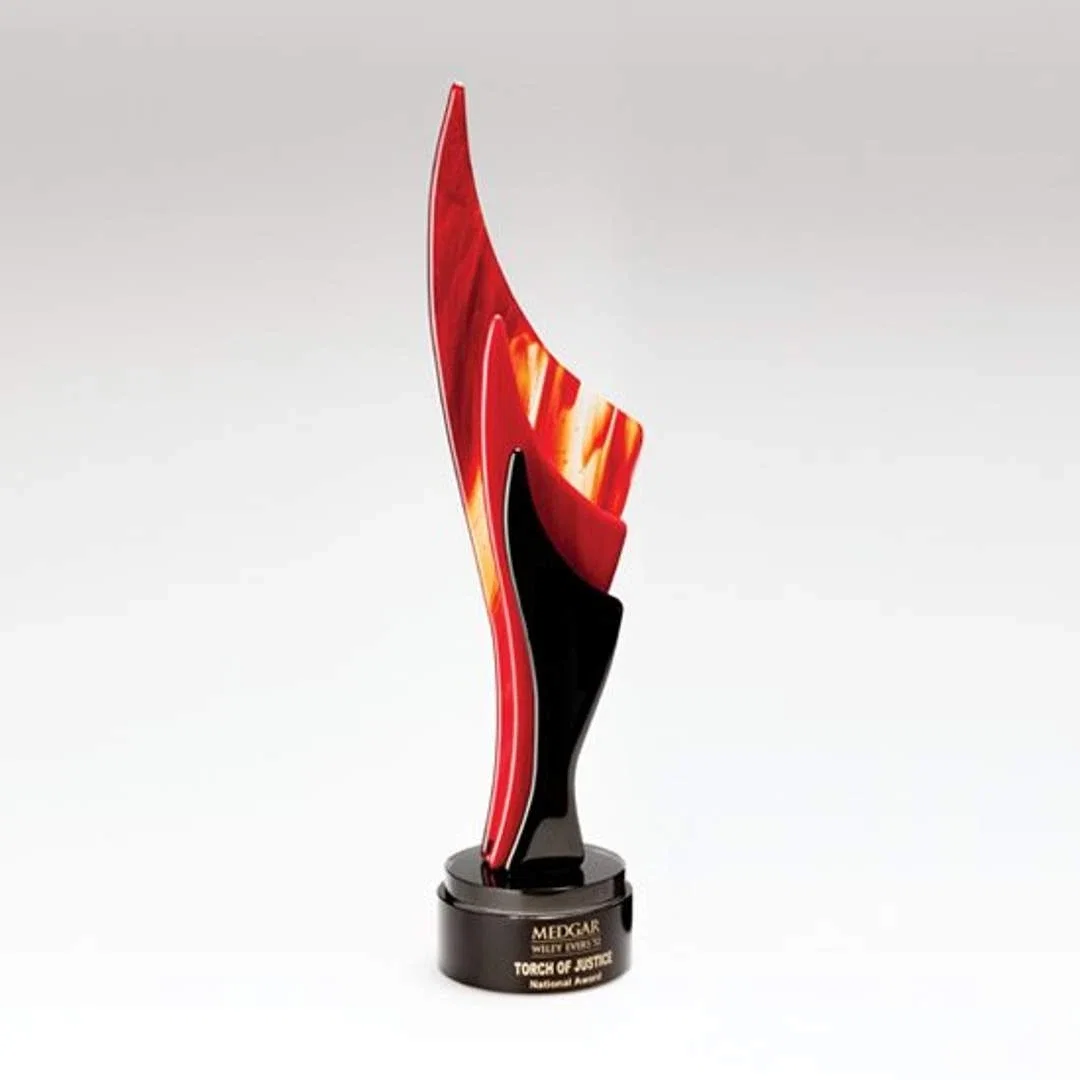 Custom Glass Flame Award With Crystal-Spaced Crimson or Cobalt Layers for service anniversary gifts