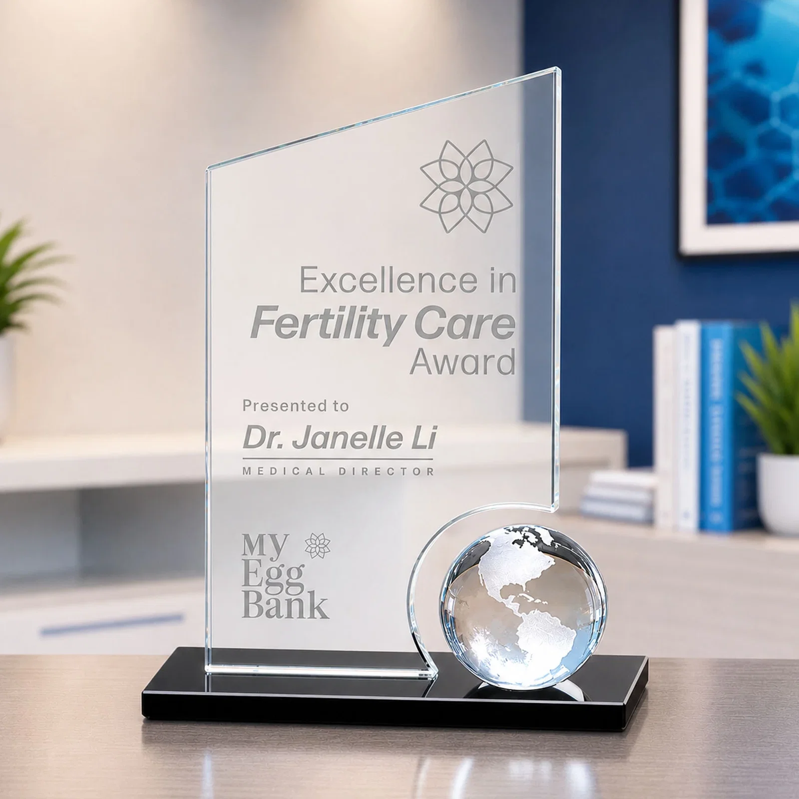 Custom Crystal Orb Award Surrounded by a Starfire Crystal Peak for donor appreciation