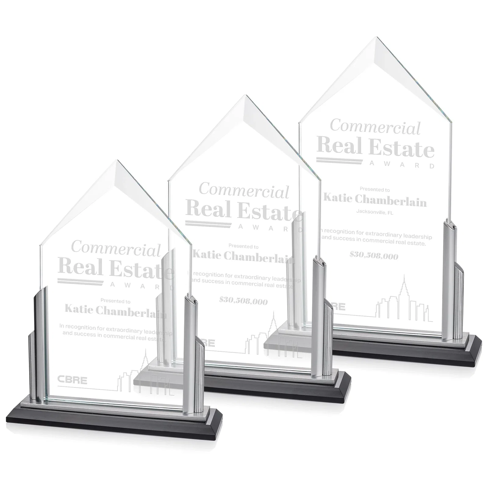 Custom Starfire Crystal Pentagon Award with Silver Accent Pillars for employee recognition