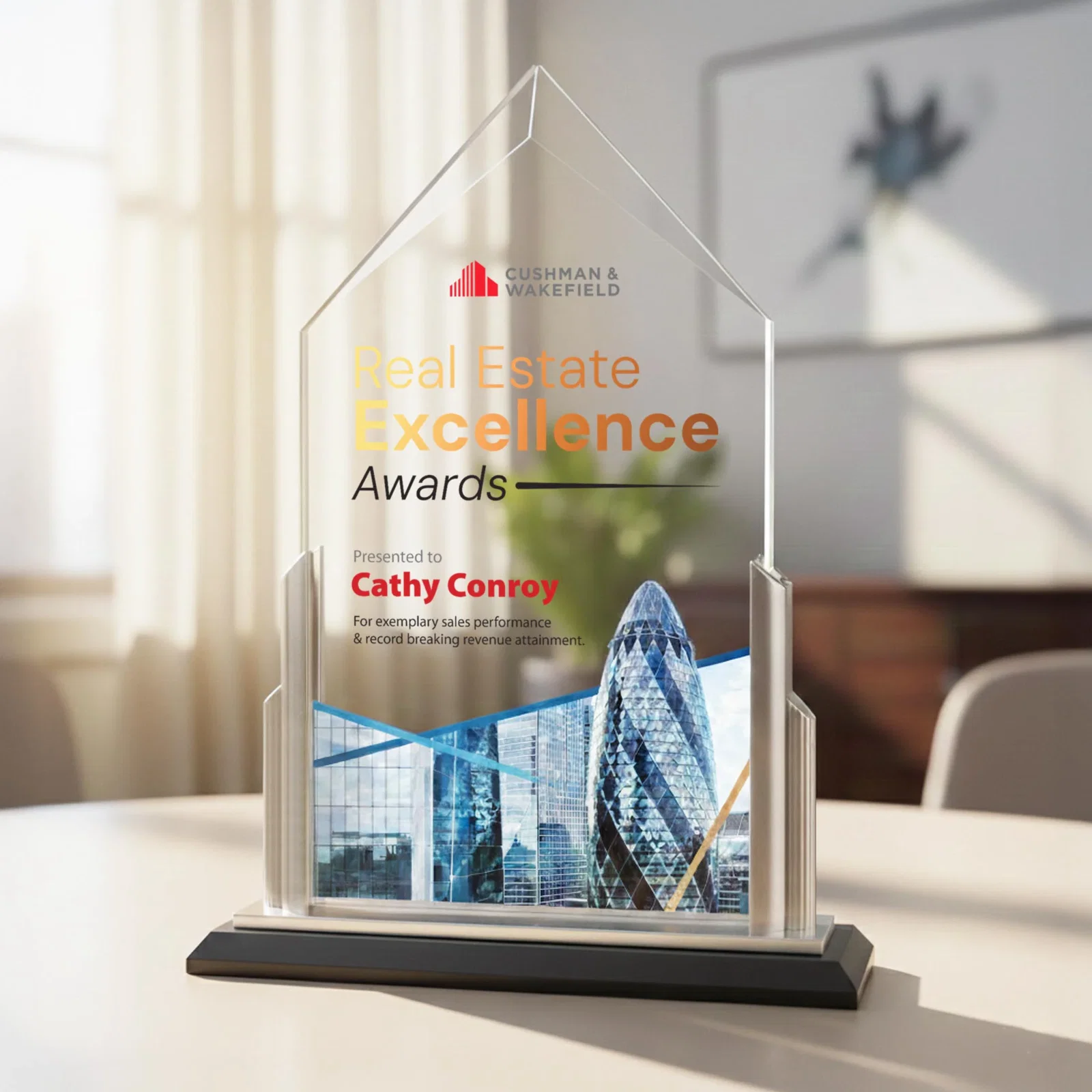 Custom Starfire Crystal Pentagon Award with Silver Accent Pillars for dealer and partner awards