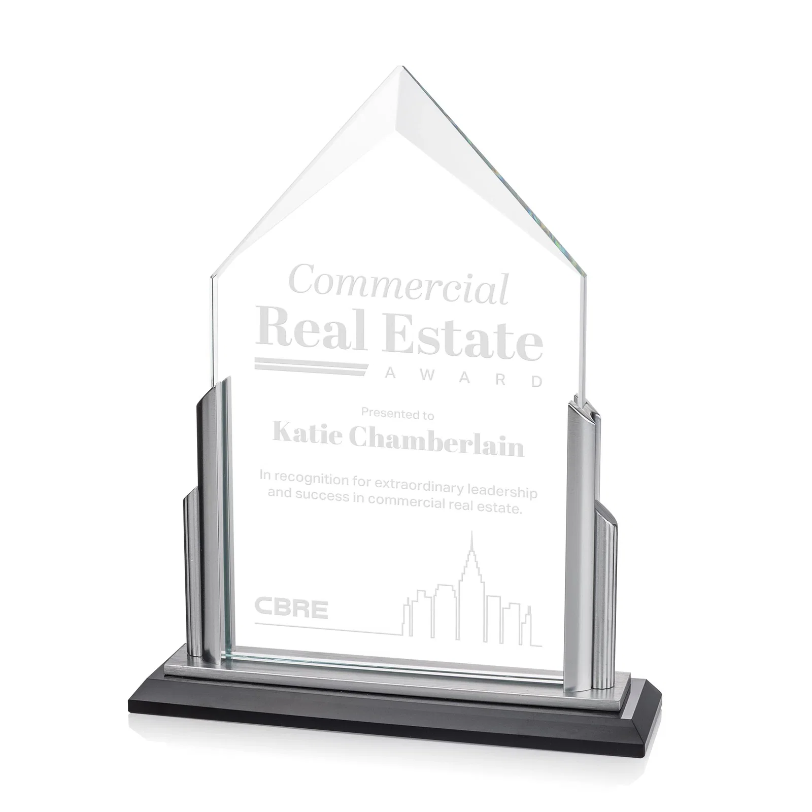 Custom Starfire Crystal Pentagon Award with Silver Accent Pillars for corporate award ceremonies