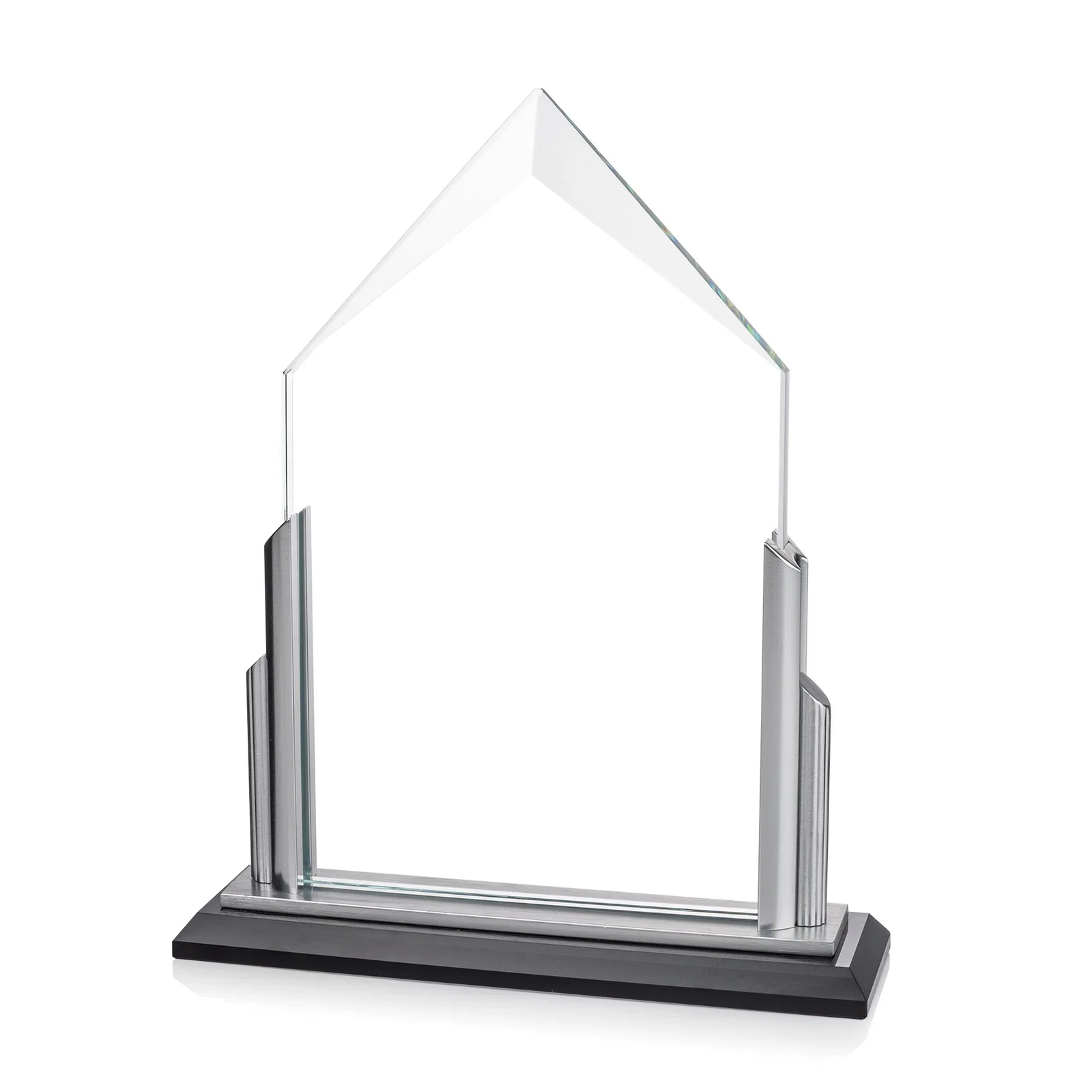Custom Starfire Crystal Pentagon Award with Silver Accent Pillars for company anniversary events