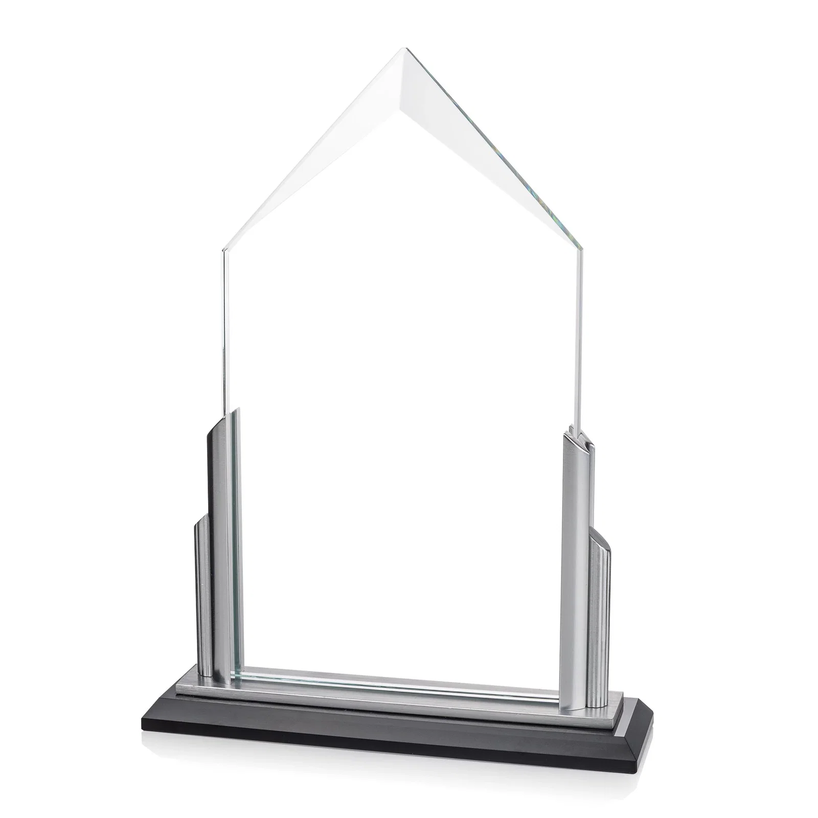 Personalized Starfire Crystal Pentagon Award with Silver Accent Pillars for employee recognition