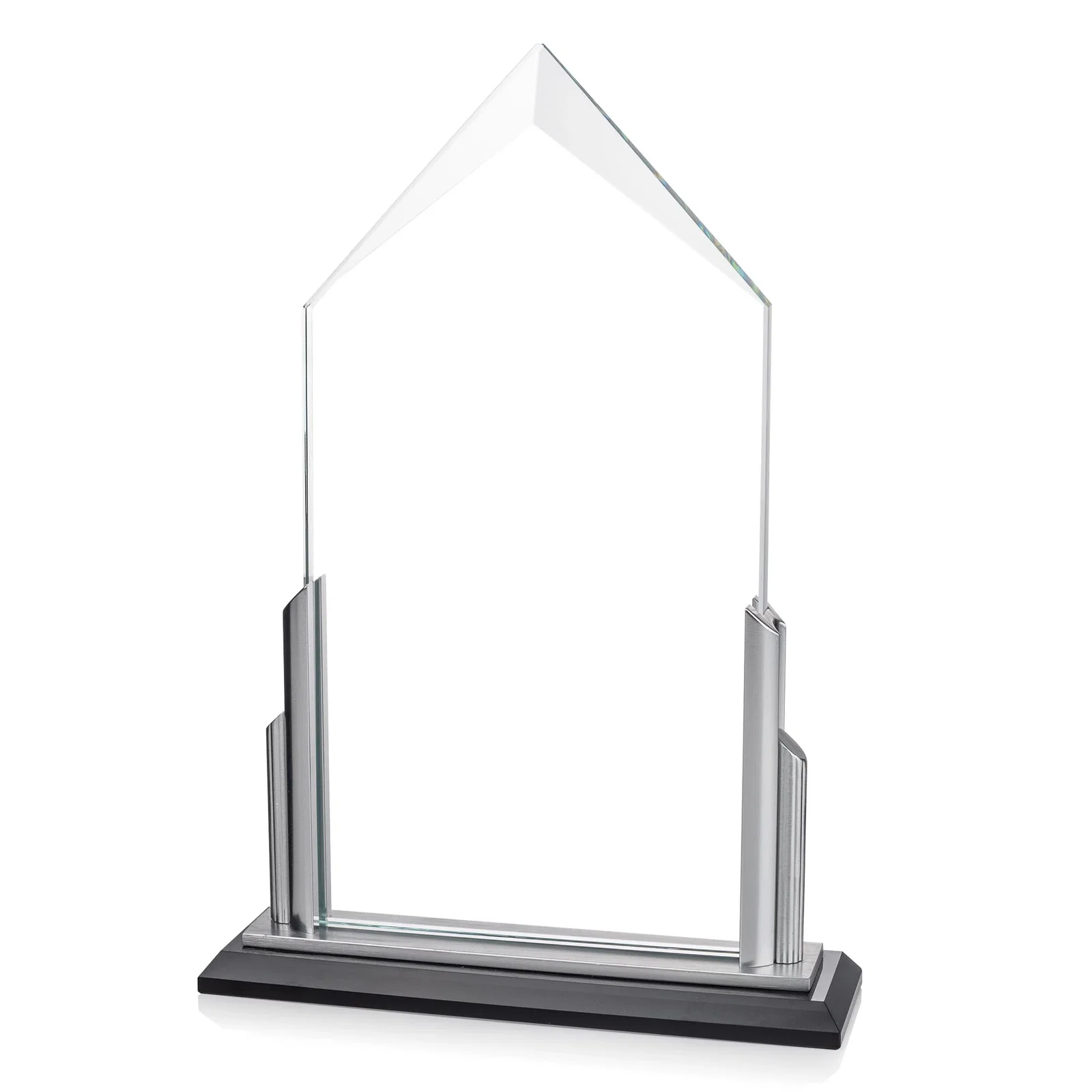 Personalized Starfire Crystal Pentagon Award with Silver Accent Pillars for corporate award ceremonies