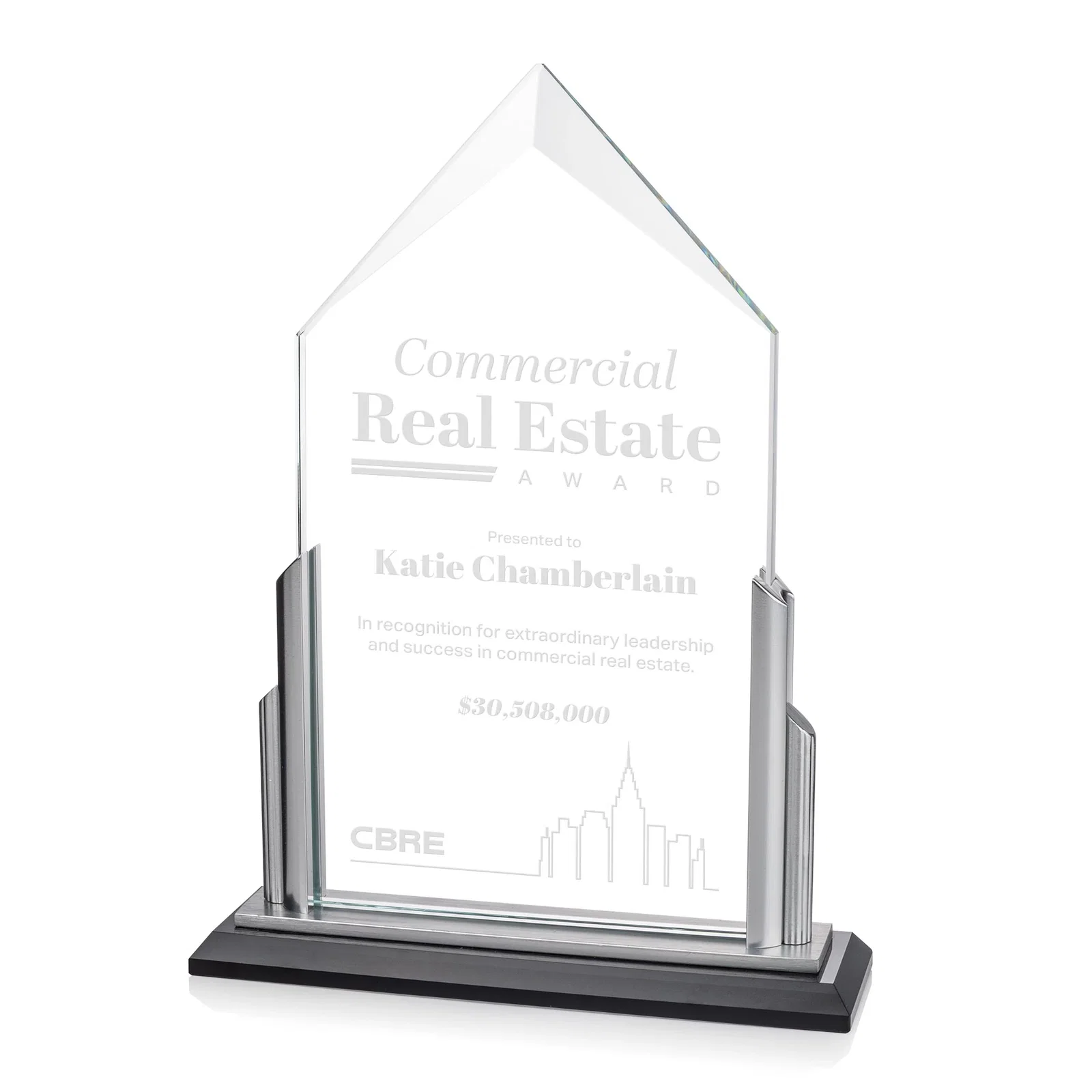 Custom Starfire Crystal Pentagon Award with Silver Accent Pillars for service anniversary gifts