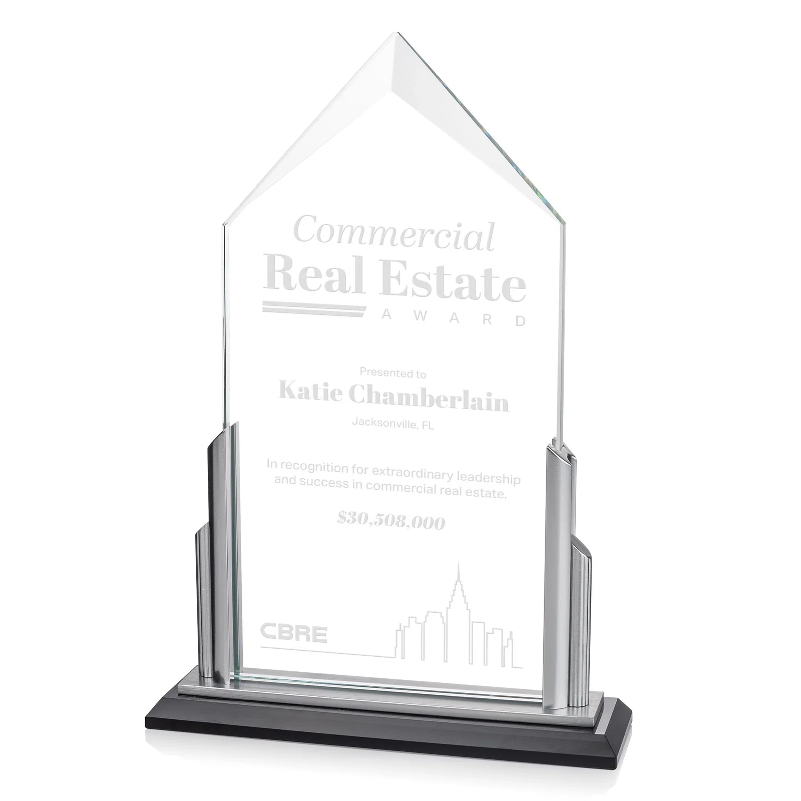 Custom Starfire Crystal Pentagon Award with Silver Accent Pillars for sales achievement awards